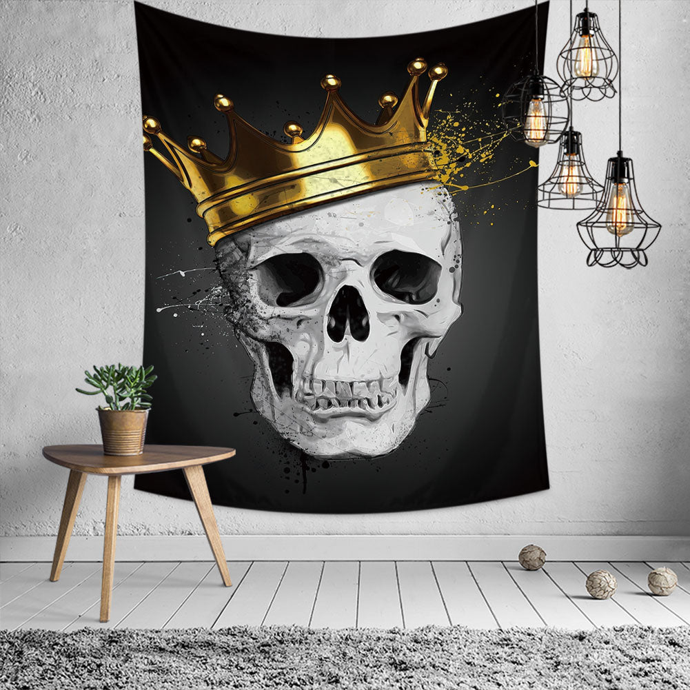 Skull King Tapestry featuring a skeleton crown design, perfect for wall hanging and home decor.