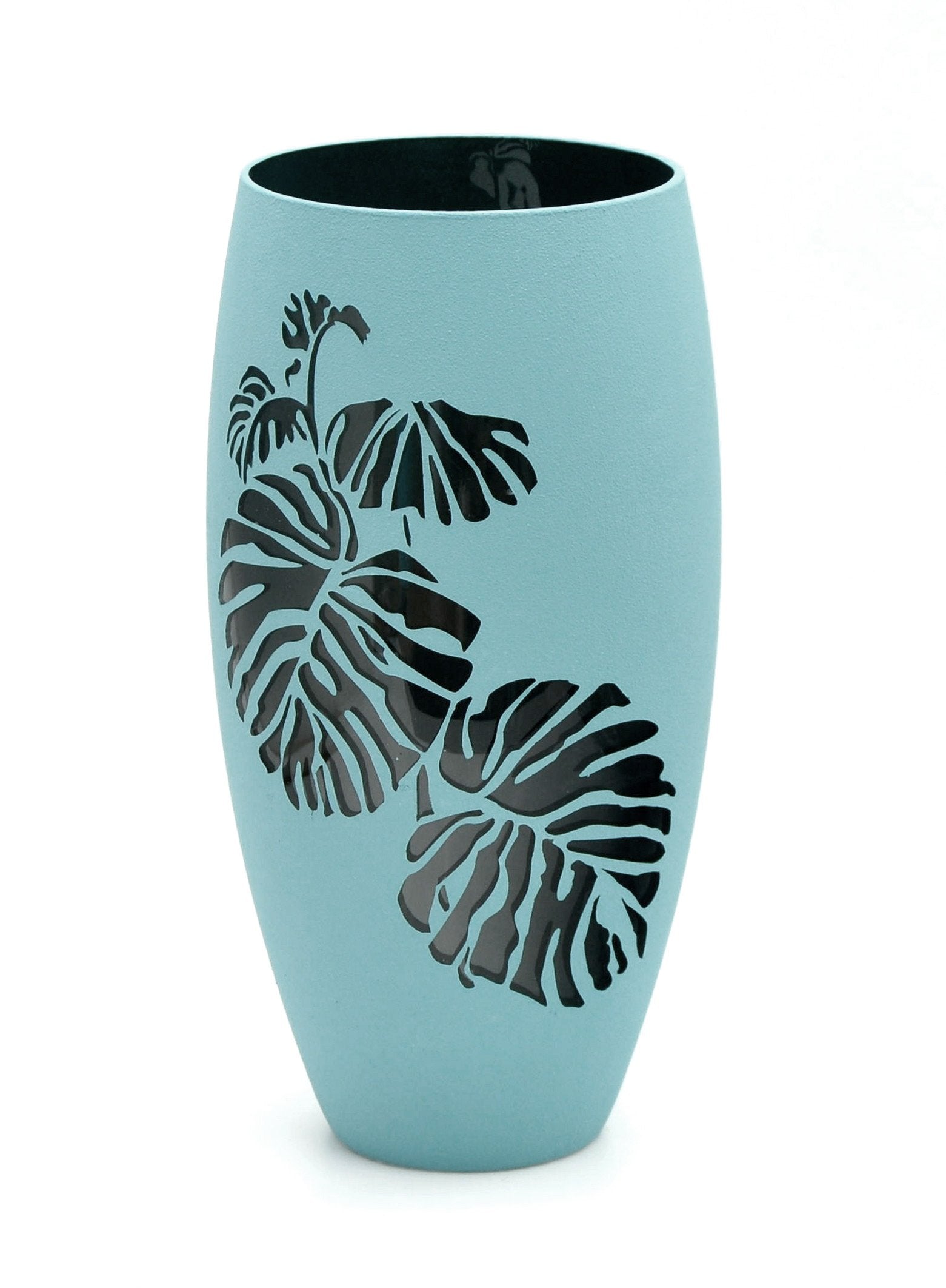 Handmade sky blue glass oval vase with unique hand-painted designs, showcasing artistic flair and elegance.