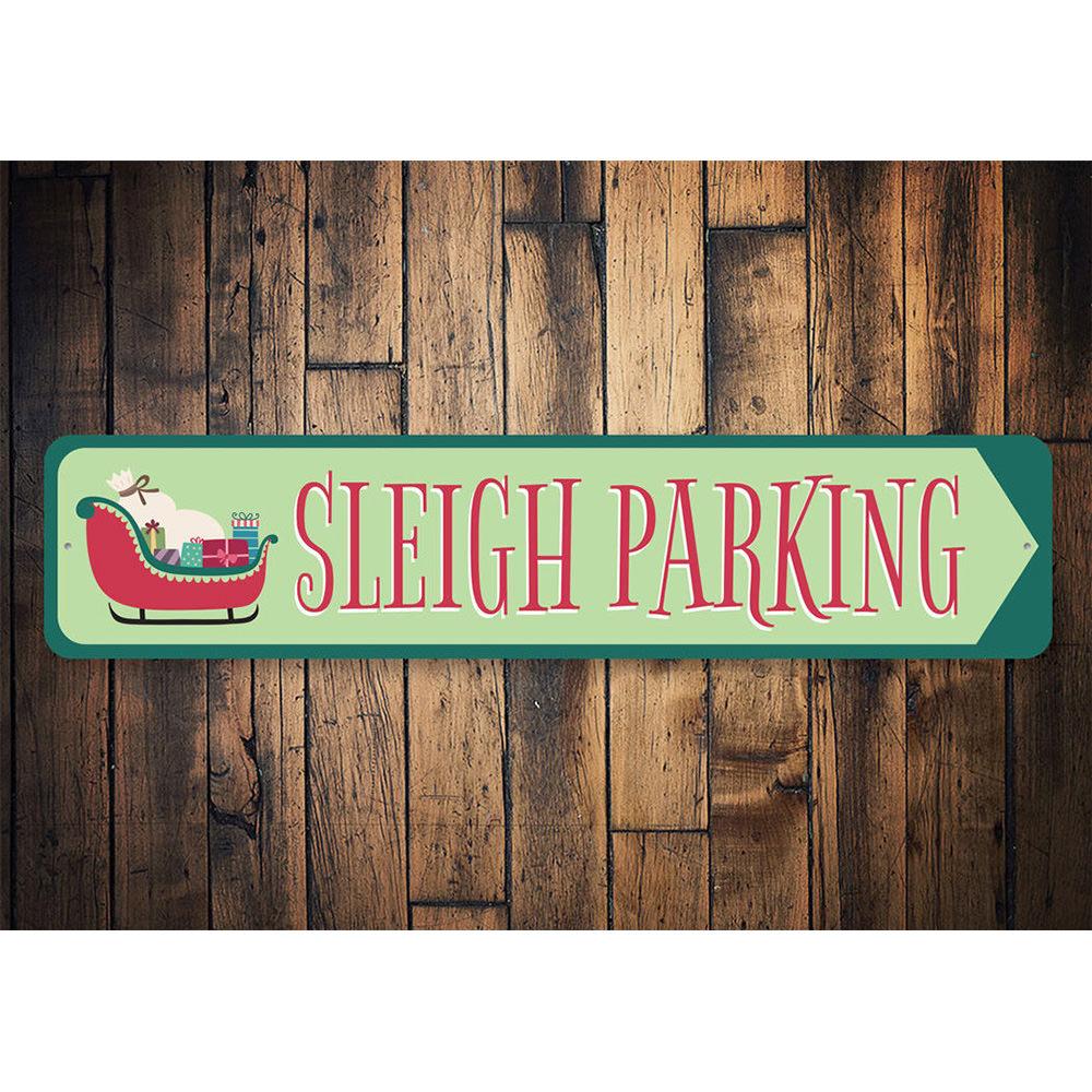 A festive Sleigh Parking Christmas Sign made of high-quality aluminum, featuring vibrant colors and a whimsical design, perfect for holiday decor.