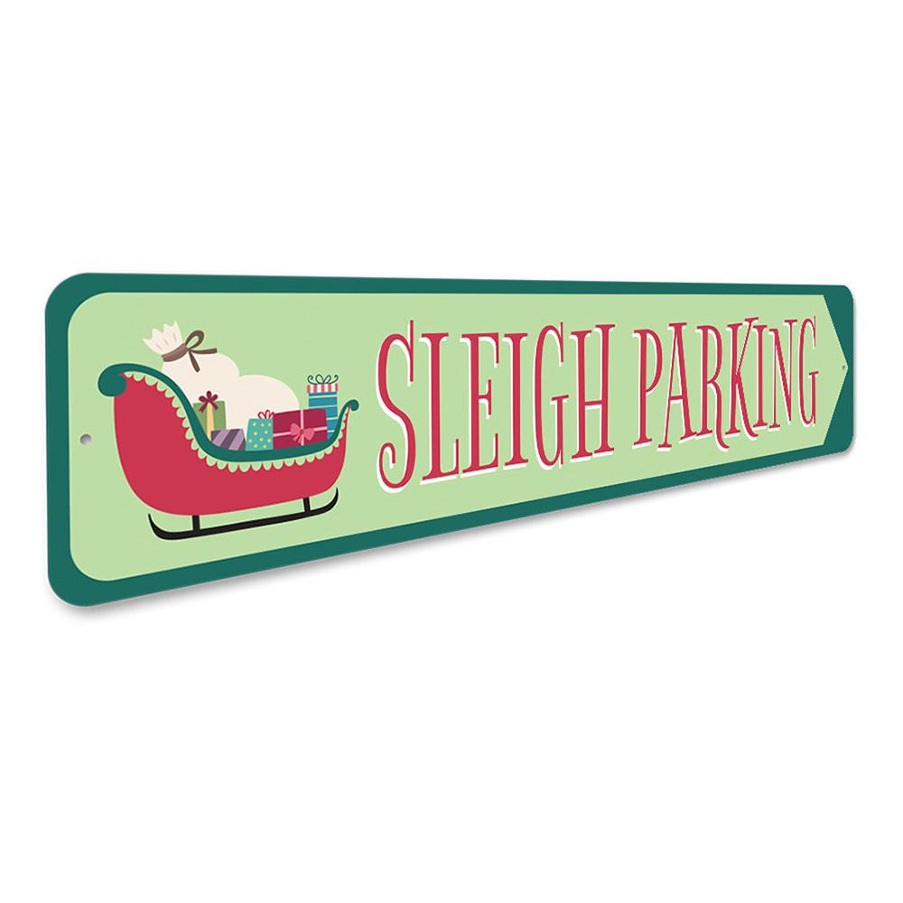 A festive Sleigh Parking Christmas Sign made of high-quality aluminum, featuring vibrant colors and a whimsical design, perfect for holiday decor.
