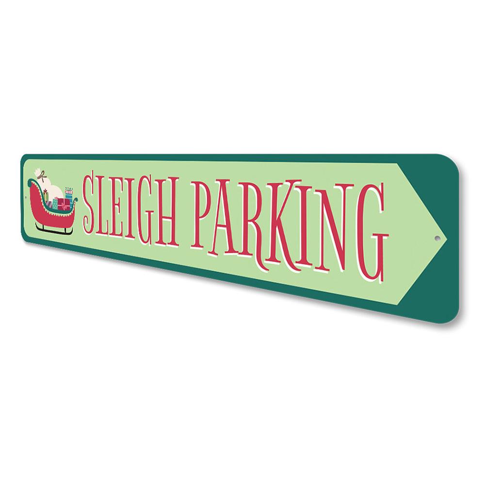 A festive Sleigh Parking Christmas Sign made of high-quality aluminum, featuring vibrant colors and a whimsical design, perfect for holiday decor.