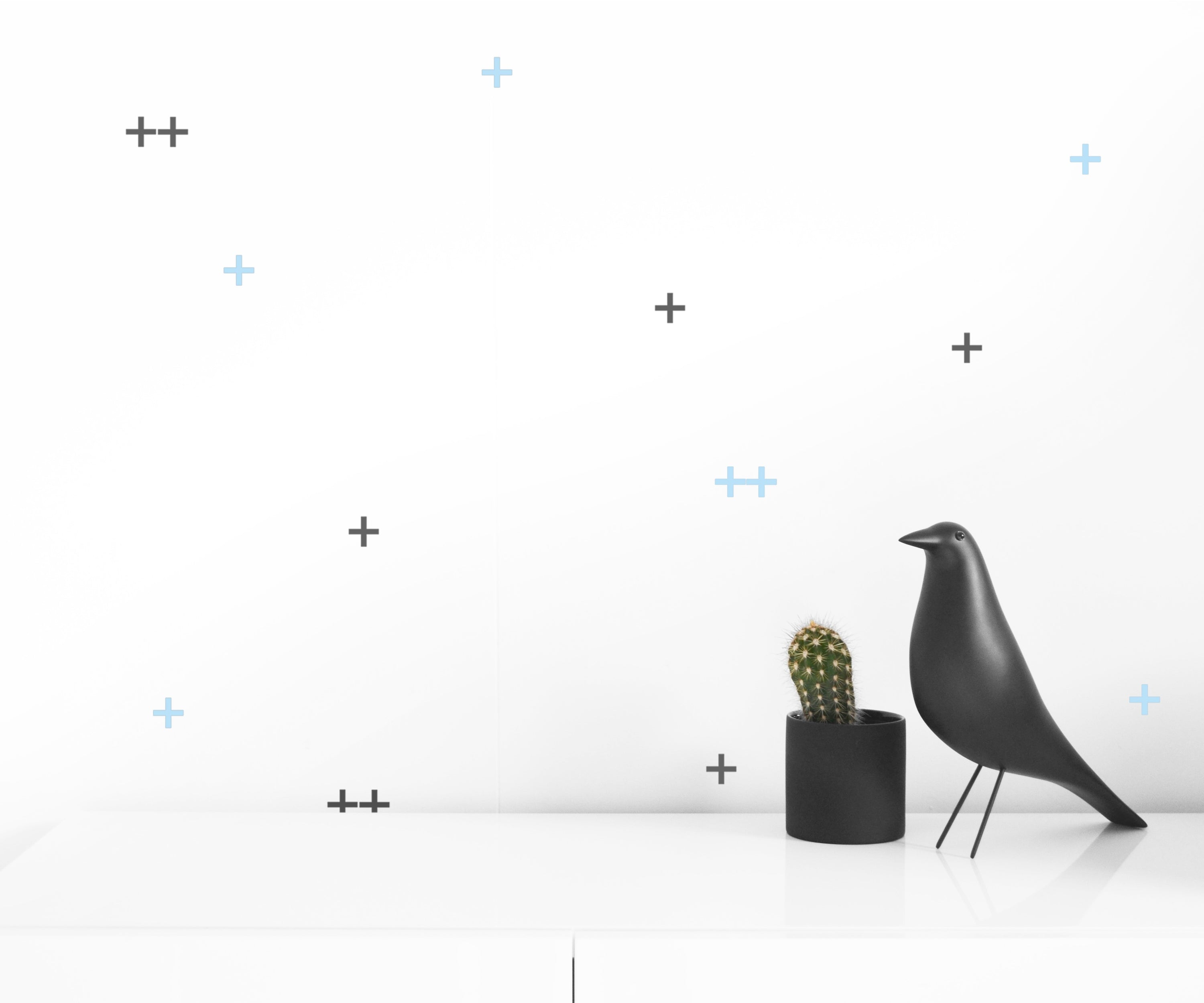 Small Cross Wall Decals in baby blue and gray, featuring geometric Swiss Nordic cross designs, ideal for modern nursery decor.