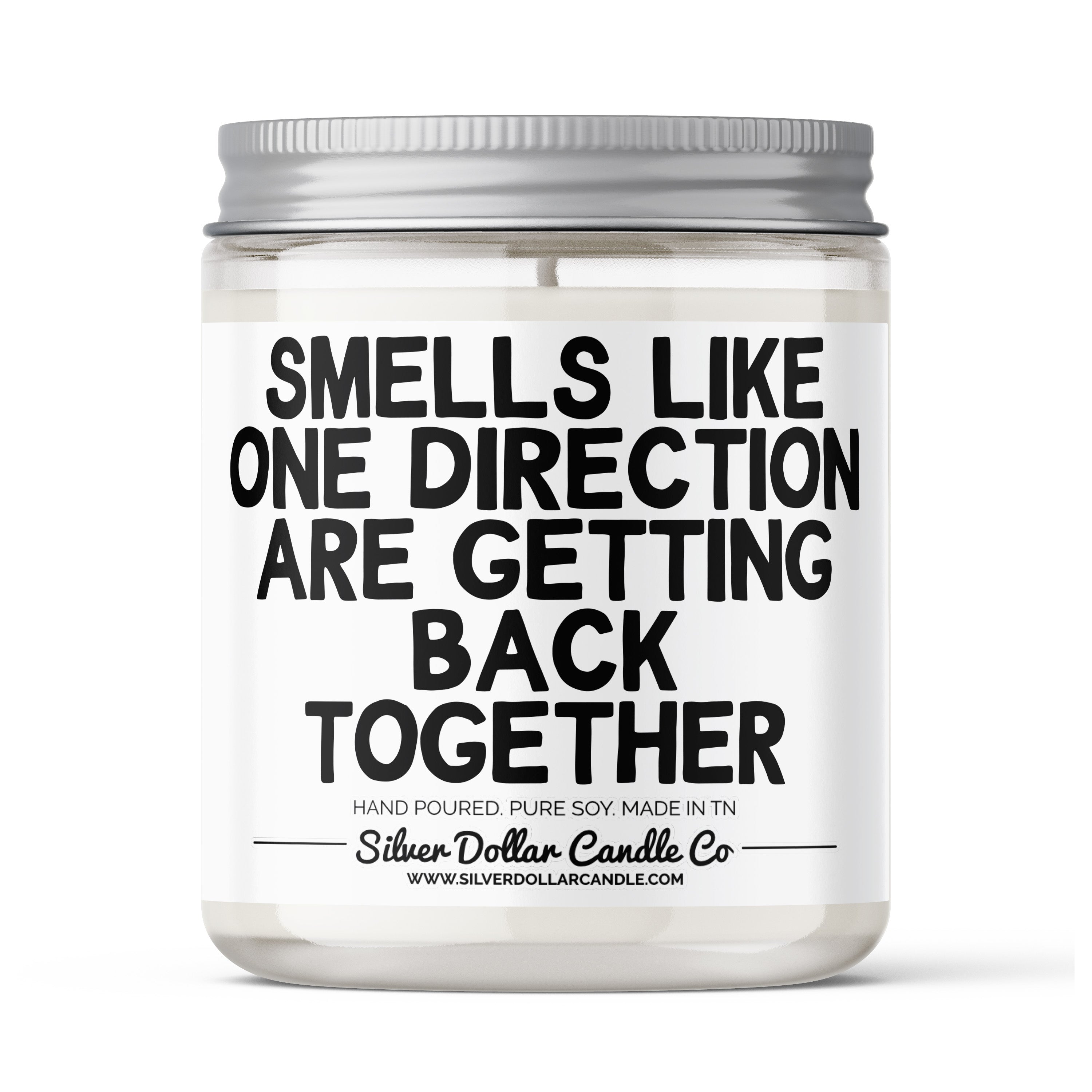 A beautifully crafted candle with a label that reads 'Smells Like One Direction Are Getting Back Together', featuring a variety of scent options.