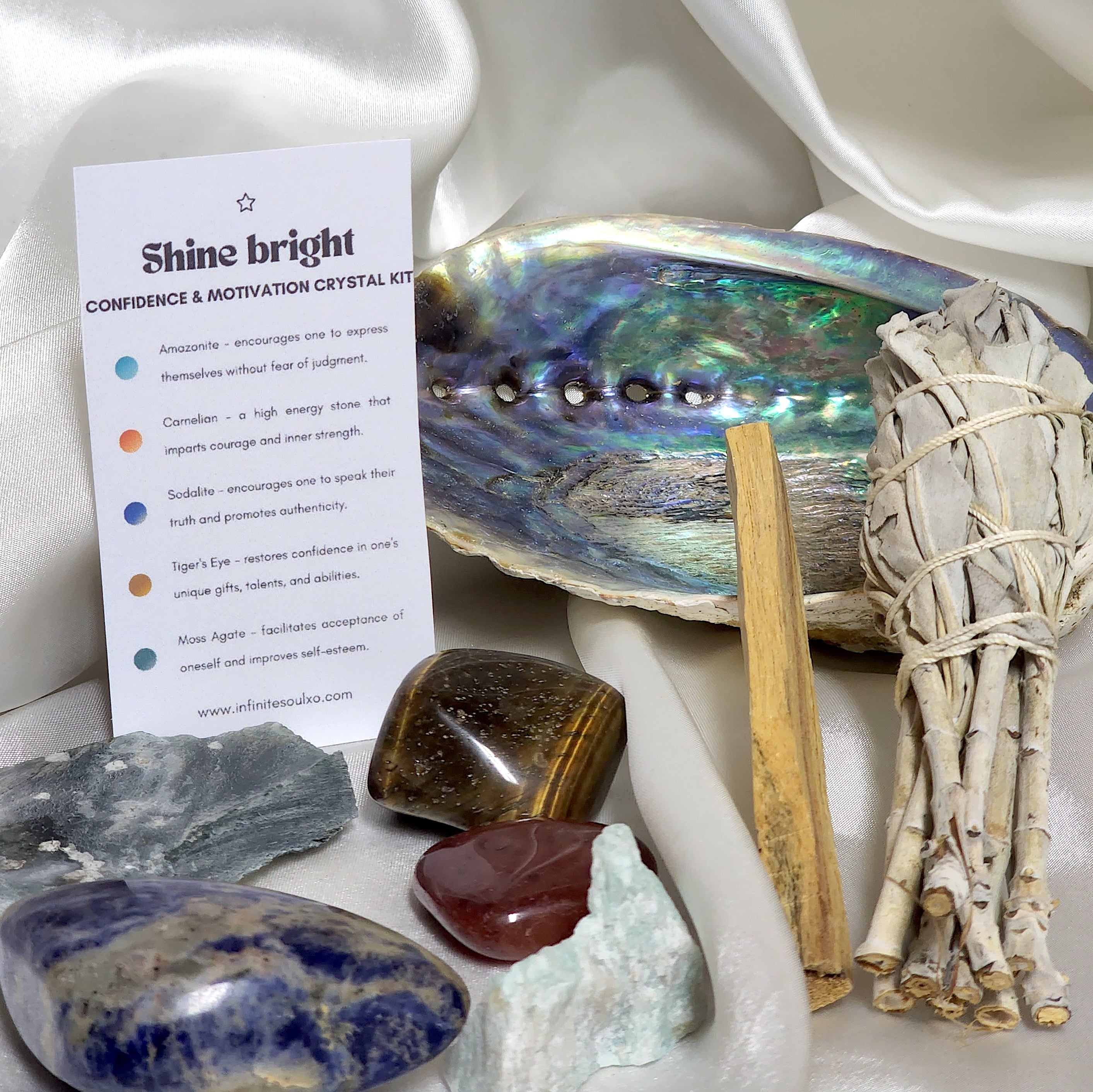 Shine Bright Smudge Kit featuring various crystals for confidence and motivation, including Carnelian, Tigers Eye, Amazonite, Red Jasper, and Moss Agate.