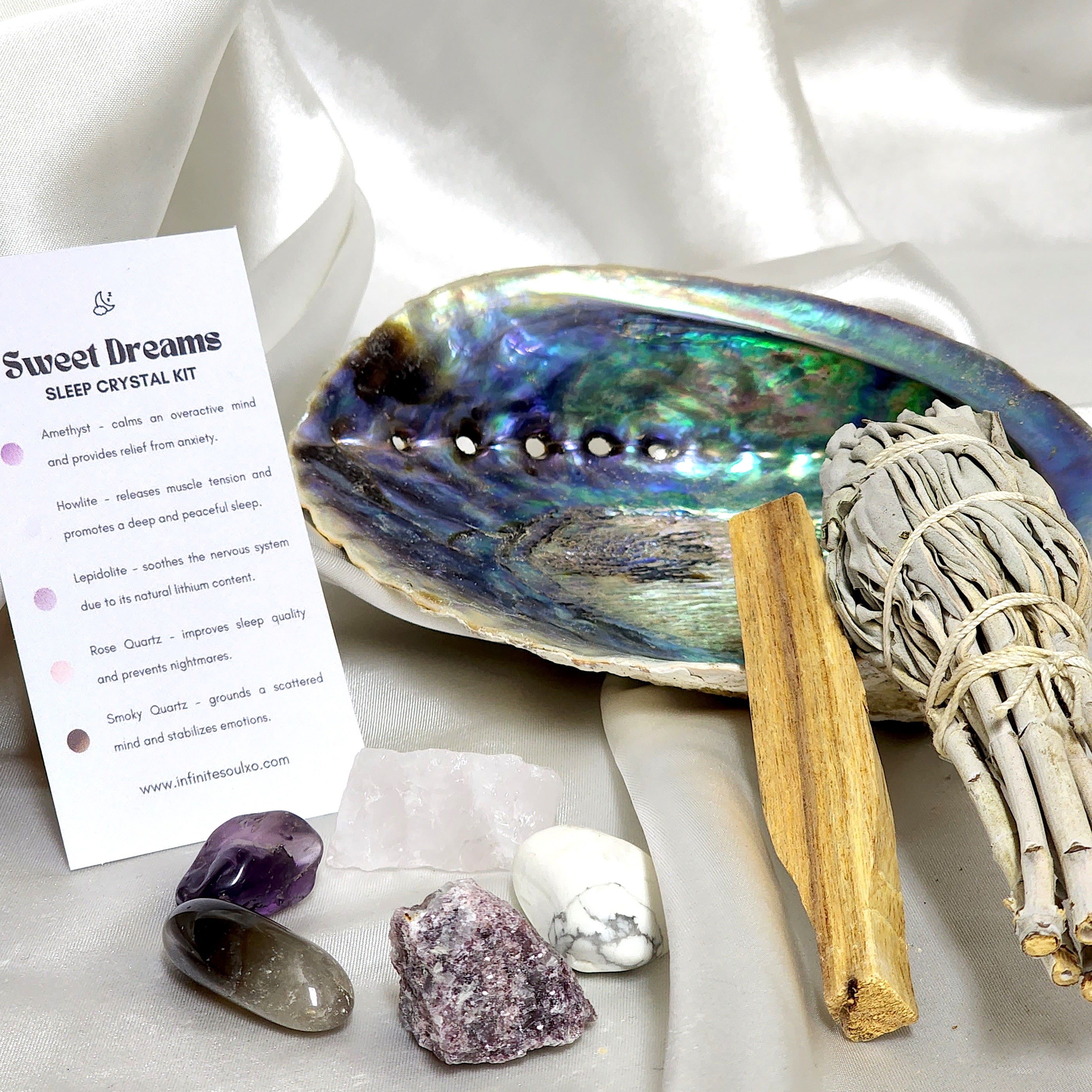 Sweet Dreams Smudge Kit featuring white sage, palo santo, abalone shell, and calming crystals for sleep enhancement.