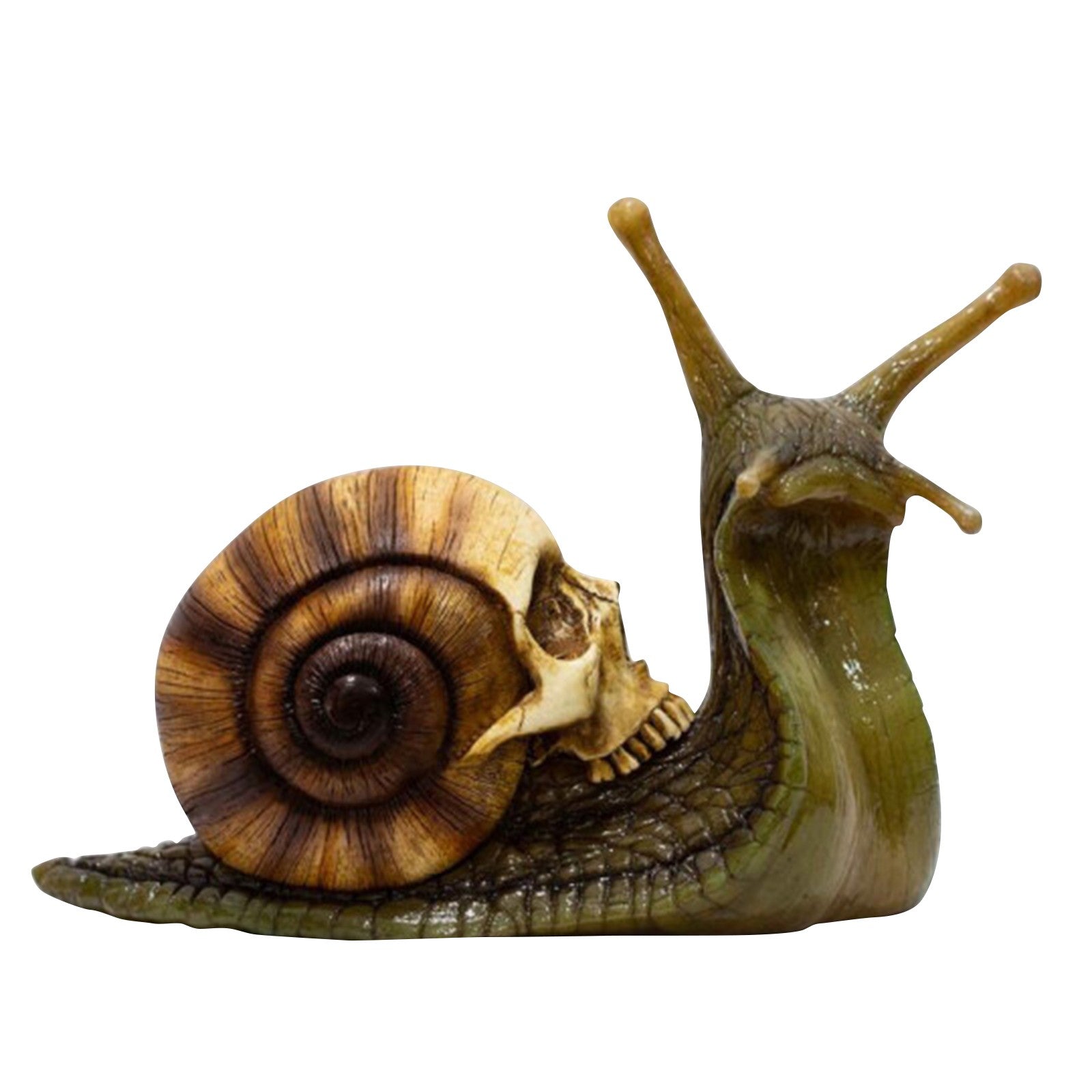 Intricately designed Snail Skull Sculpture in gothic style, showcasing a snail with a skull-shaped shell, perfect for garden or home decor.