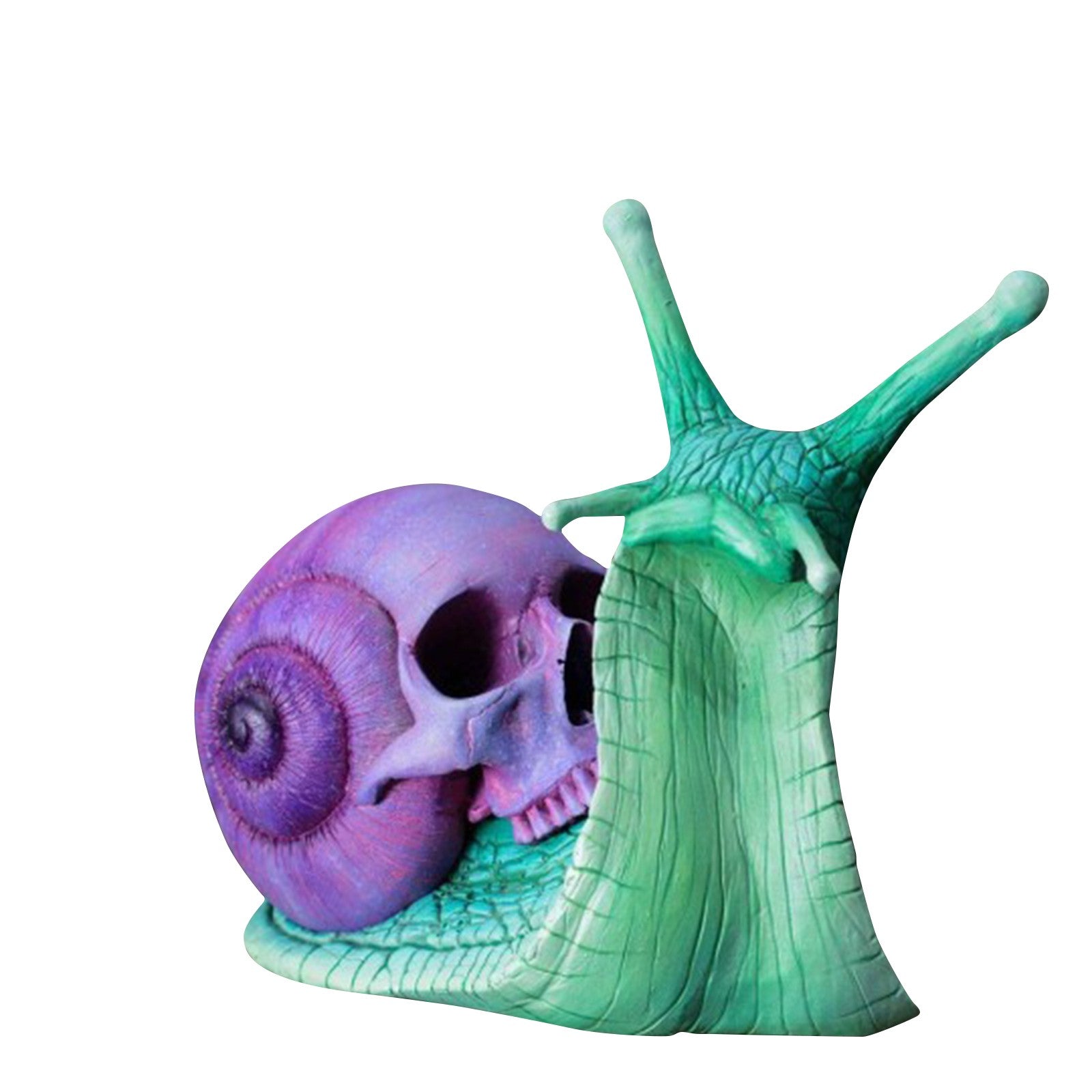 Intricately designed Snail Skull Sculpture in gothic style, showcasing a snail with a skull-shaped shell, perfect for garden or home decor.
