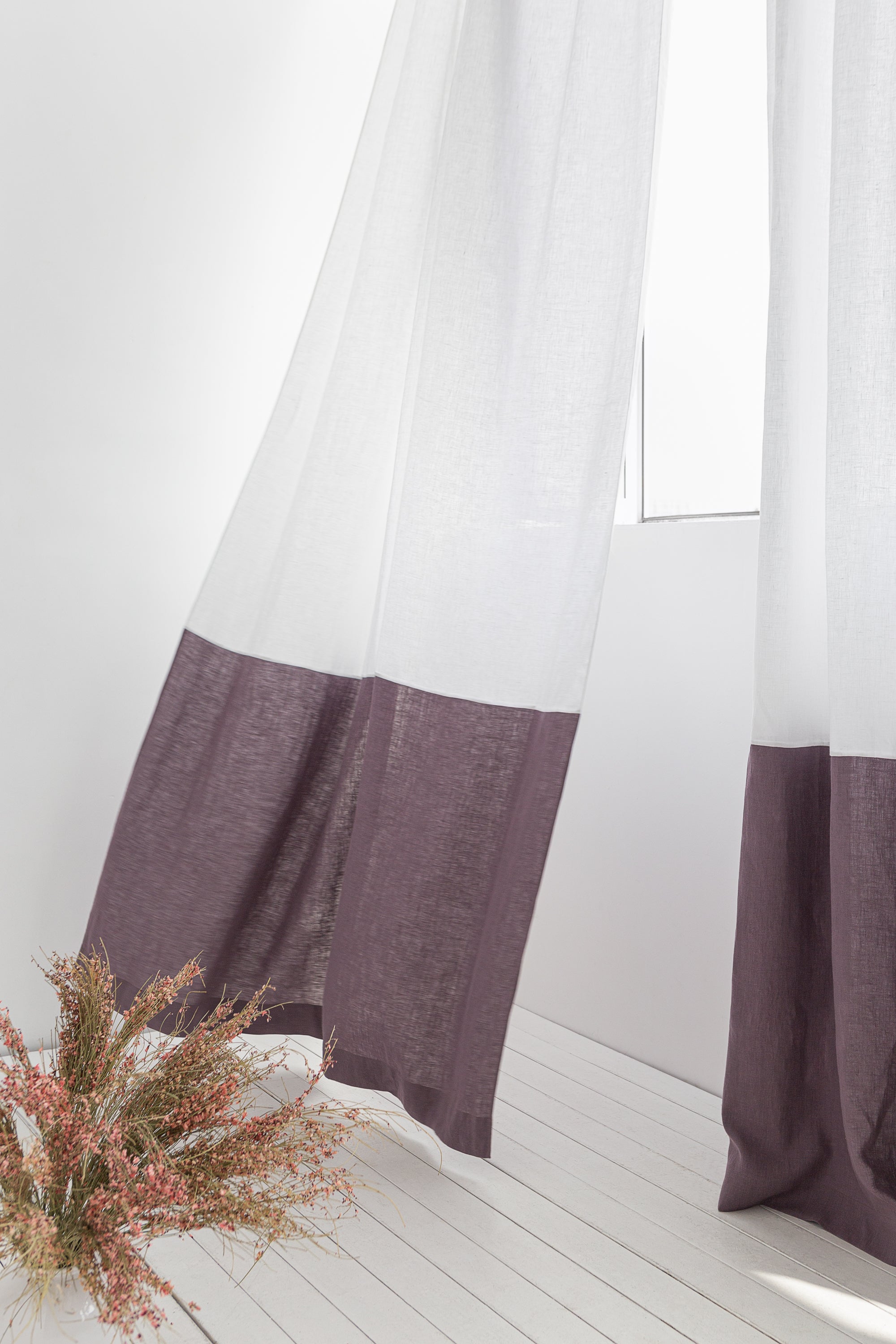 Elegant Snow White and Natural Light linen curtains with multifunctional tape heading, showcasing a two-tone design in a bright room.