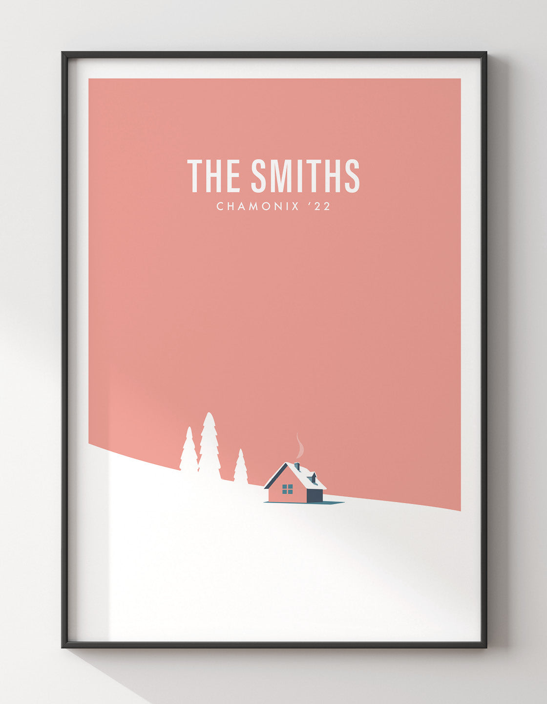 A minimalist art print featuring a serene snowy mountain landscape, inspired by retro ski posters, showcasing a cozy hut amidst the snow.