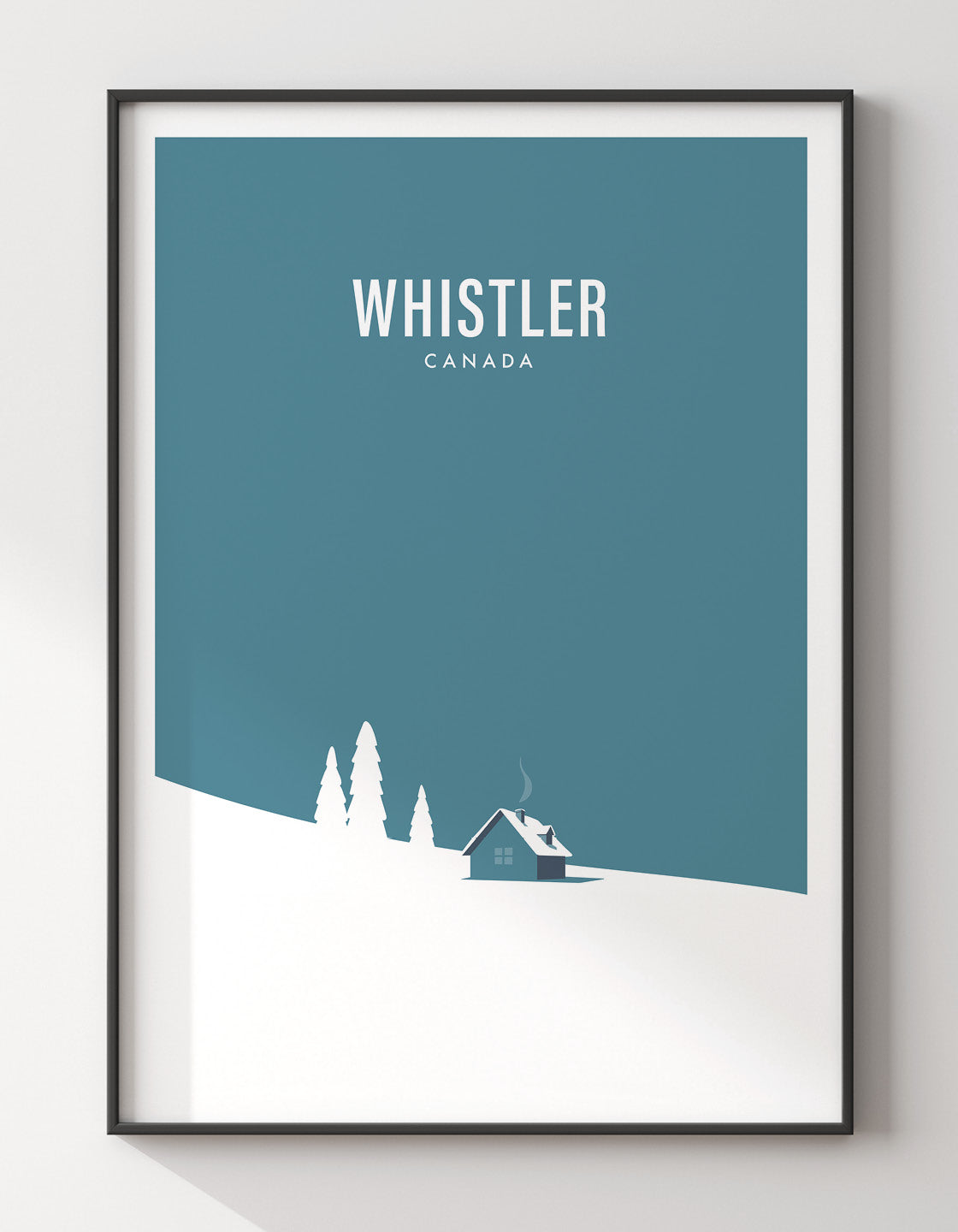 A minimalist art print featuring a serene snowy mountain landscape, inspired by retro ski posters, showcasing a cozy hut amidst the snow.