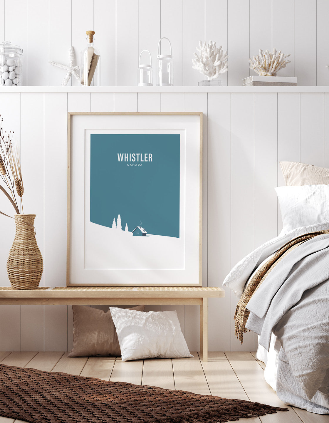 A minimalist art print featuring a serene snowy mountain landscape, inspired by retro ski posters, showcasing a cozy hut amidst the snow.
