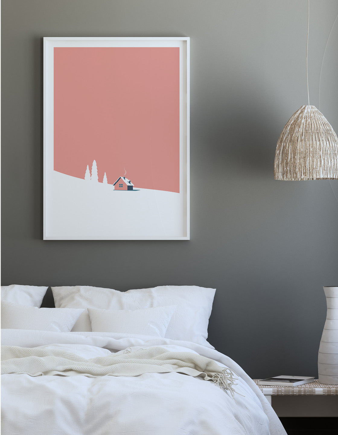 A minimalist art print featuring a serene snowy mountain landscape, inspired by retro ski posters, showcasing a cozy hut amidst the snow.