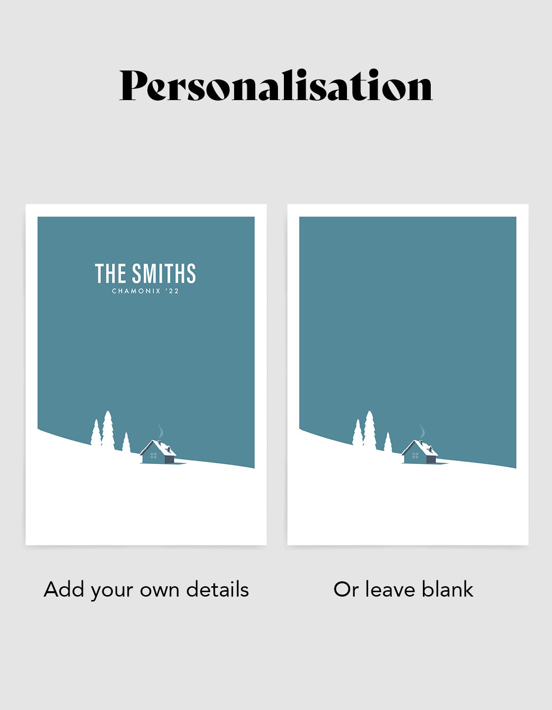 A minimalist art print featuring a serene snowy mountain landscape, inspired by retro ski posters, showcasing a cozy hut amidst the snow.