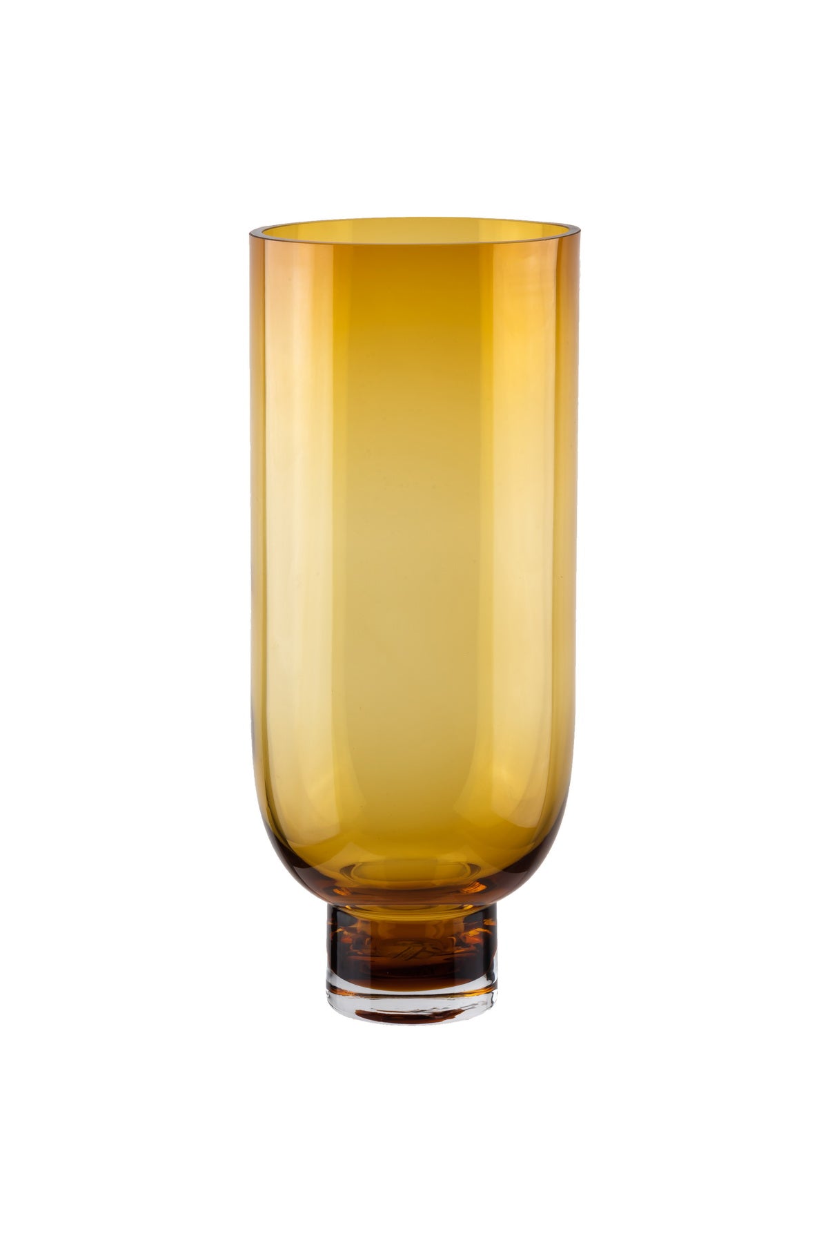 Sober modern tall glass vase in amber color, cylindrical shape with a solid narrow base, elegantly showcasing its curves.