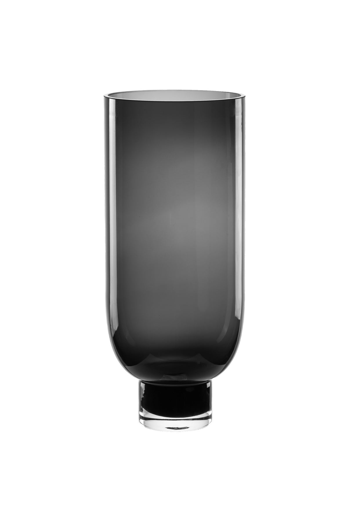 A tall, cylindrical glass vase with a solid narrow base in dark gray, showcasing elegant curves and a modern design.