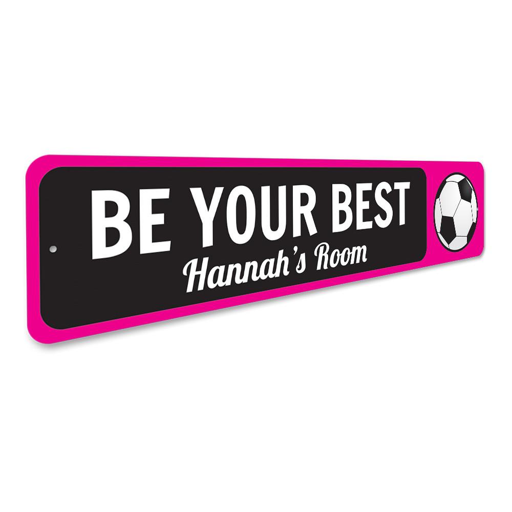 A vibrant Soccer Ball Sign made of durable aluminum, featuring a customizable design perfect for children's rooms.