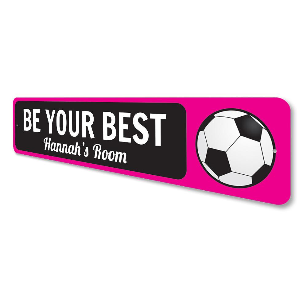 A vibrant Soccer Ball Sign made of durable aluminum, featuring a customizable design perfect for children's rooms.
