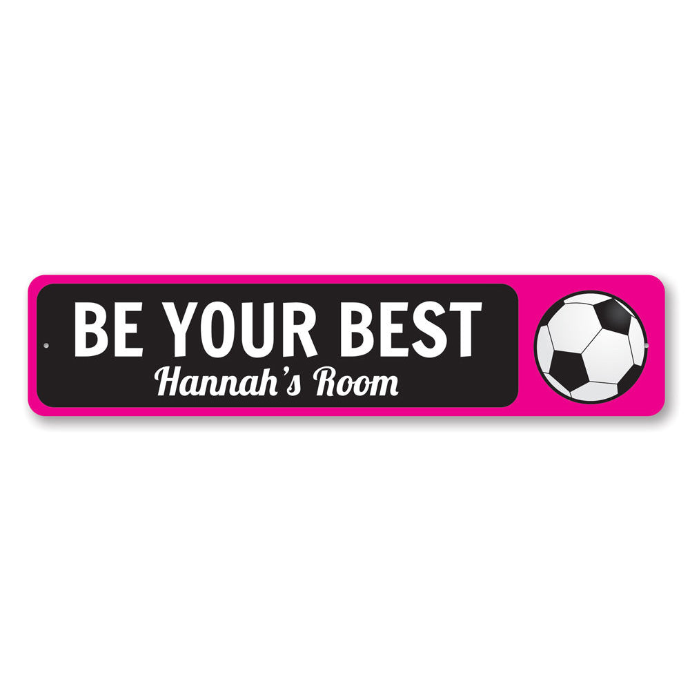 A vibrant Soccer Ball Sign made of durable aluminum, featuring a customizable design perfect for children's rooms.