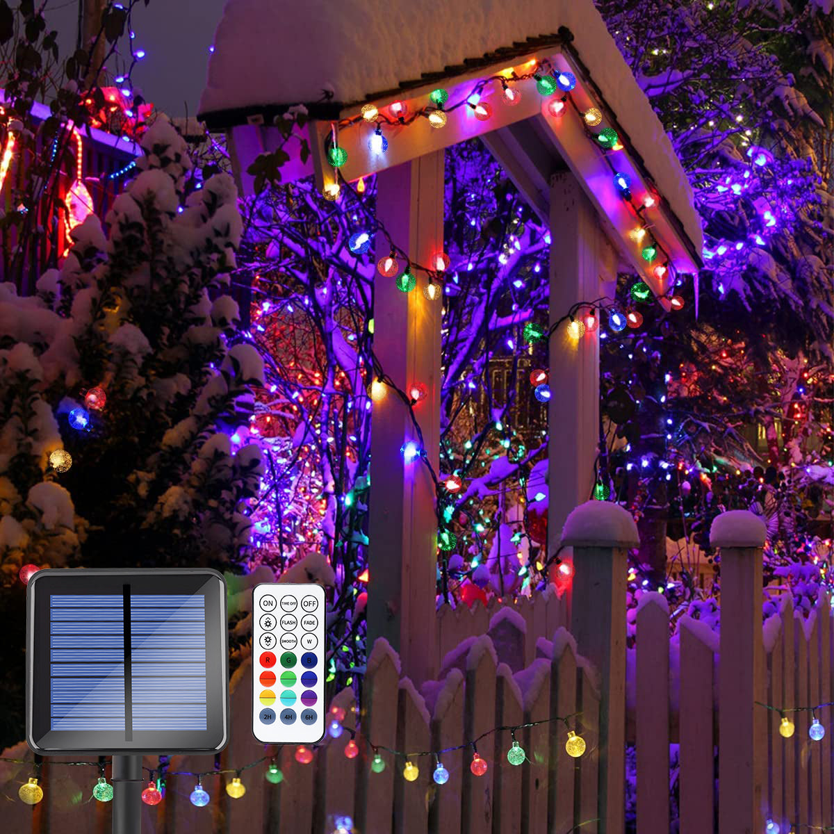 Solar 100LED Crystal Globe Lights with colorful bubble crystal balls, perfect for outdoor decoration during festive occasions.