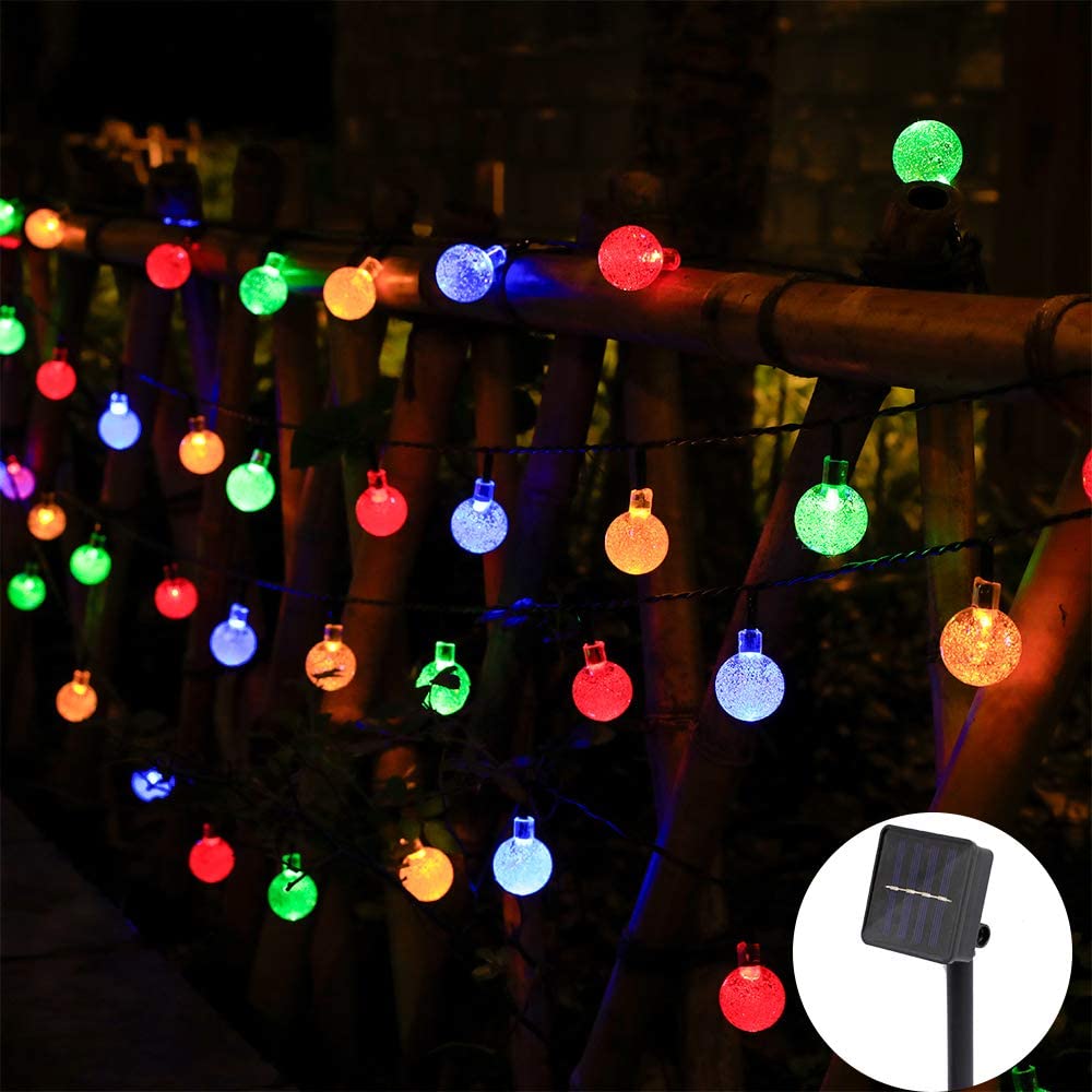 Solar 100LED Crystal Globe Lights with colorful bubble crystal balls, perfect for outdoor decoration during festive occasions.