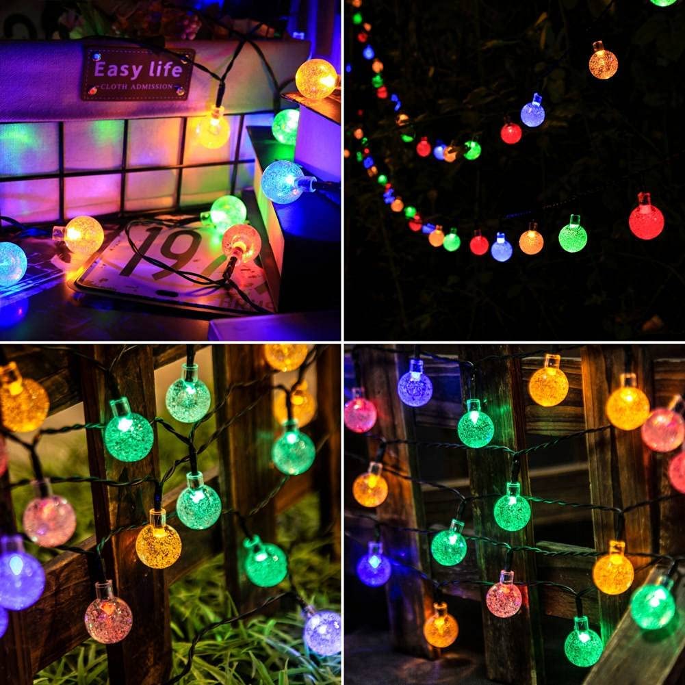 Solar 100LED Crystal Globe Lights with colorful bubble crystal balls, perfect for outdoor decoration during festive occasions.