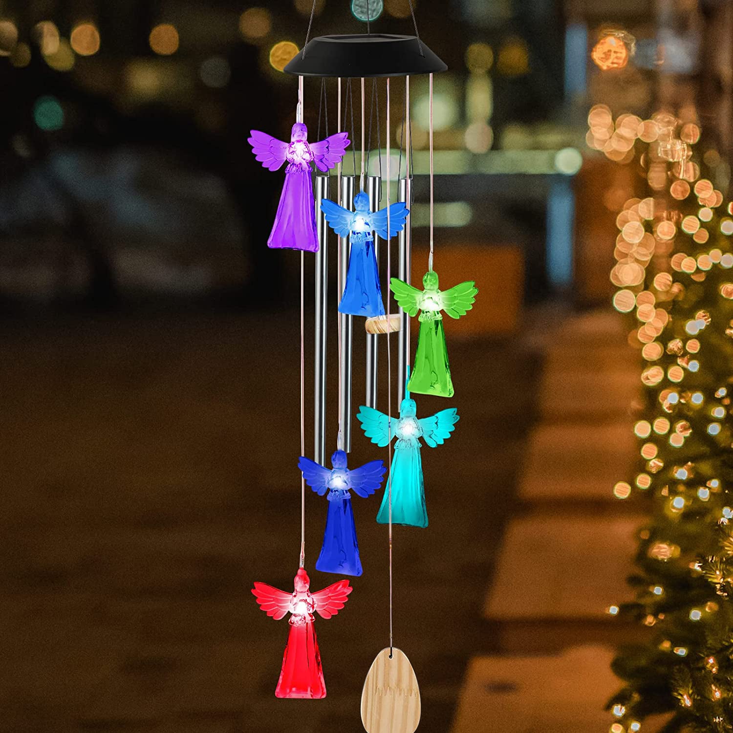 Solar Power Angel Wind Chimes featuring six angel decorations and color-changing LED lights, hanging elegantly in an outdoor setting.