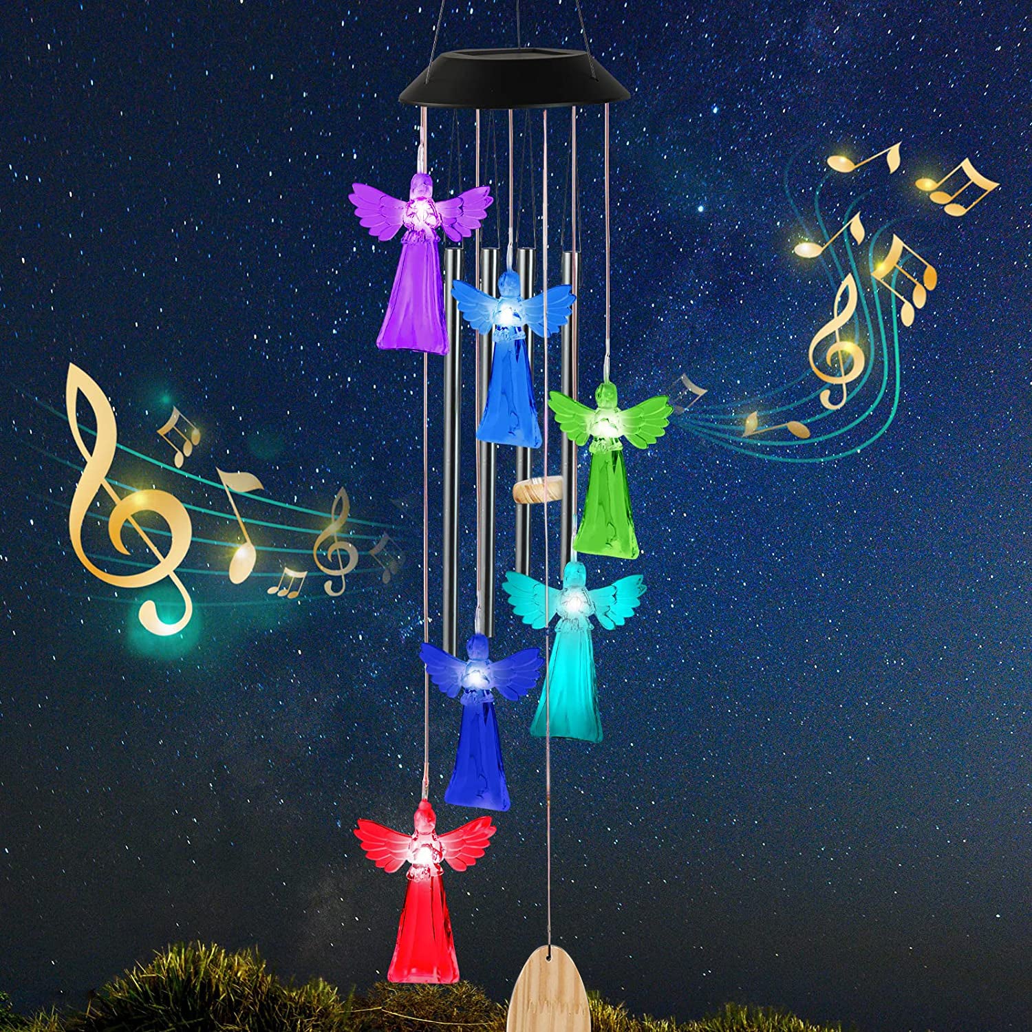 Solar Power Angel Wind Chimes featuring six angel decorations and color-changing LED lights, hanging elegantly in an outdoor setting.
