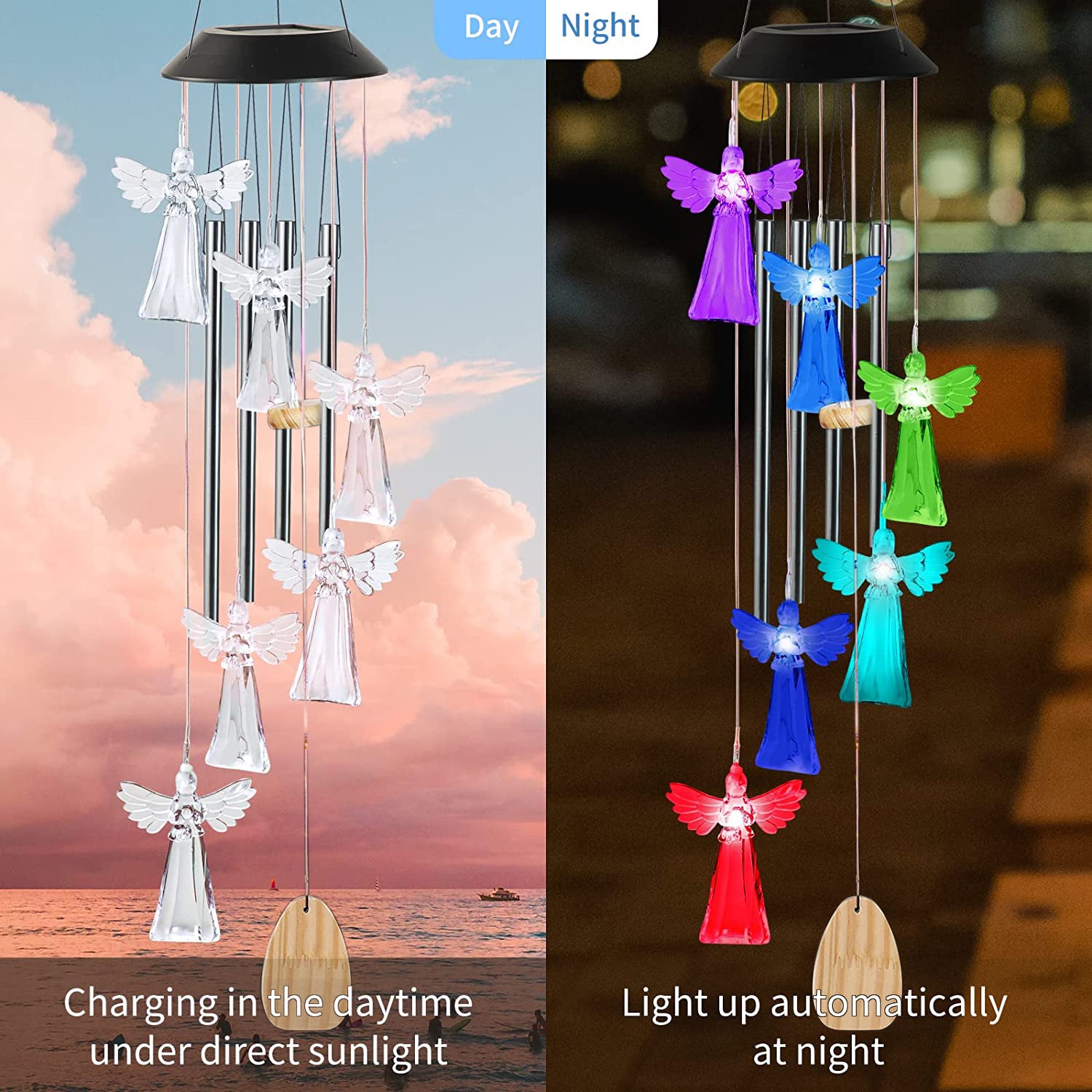 Solar Power Angel Wind Chimes featuring six angel decorations and color-changing LED lights, hanging elegantly in an outdoor setting.