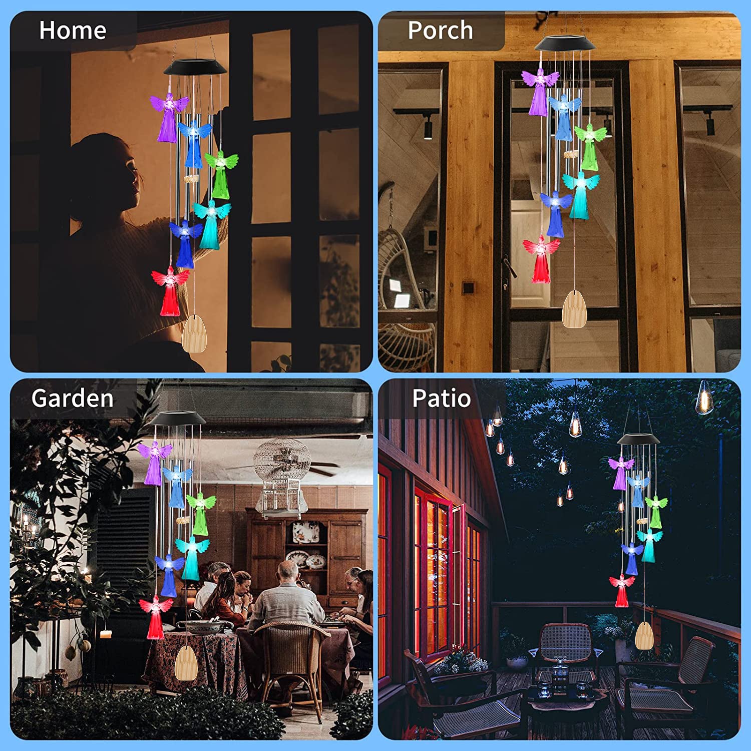 Solar Power Angel Wind Chimes featuring six angel decorations and color-changing LED lights, hanging elegantly in an outdoor setting.