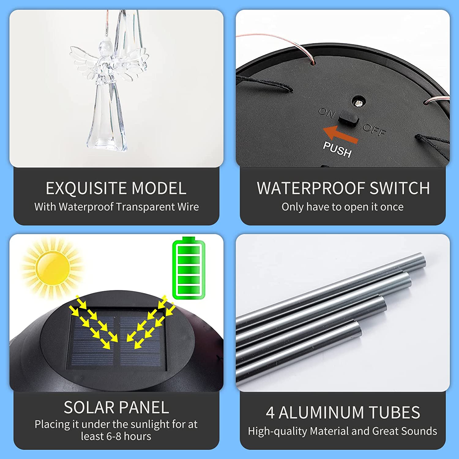 Solar Power Angel Wind Chimes featuring six angel decorations and color-changing LED lights, hanging elegantly in an outdoor setting.