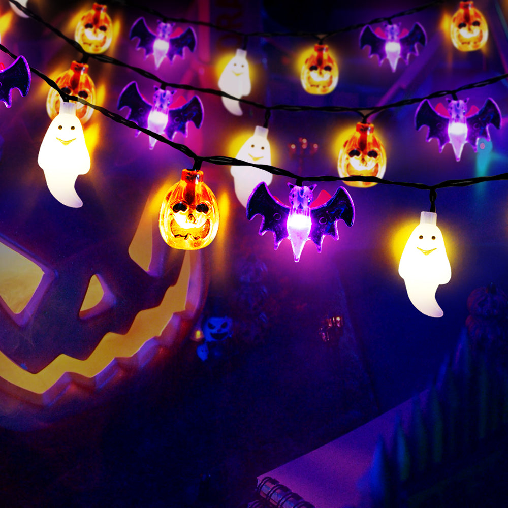 Solar Powered Halloween String Lights featuring orange pumpkins, purple bats, and white ghosts, perfect for festive decorations.