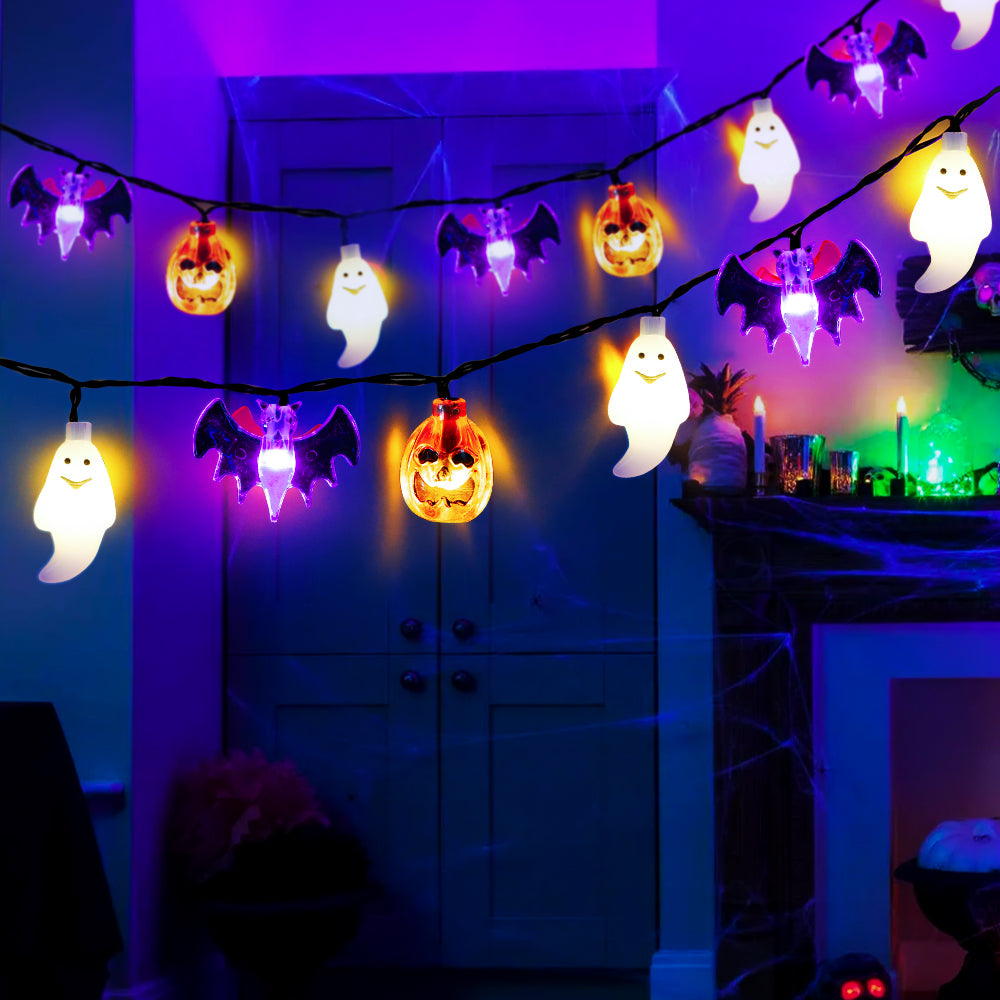 Solar Powered Halloween String Lights featuring orange pumpkins, purple bats, and white ghosts, perfect for festive decorations.