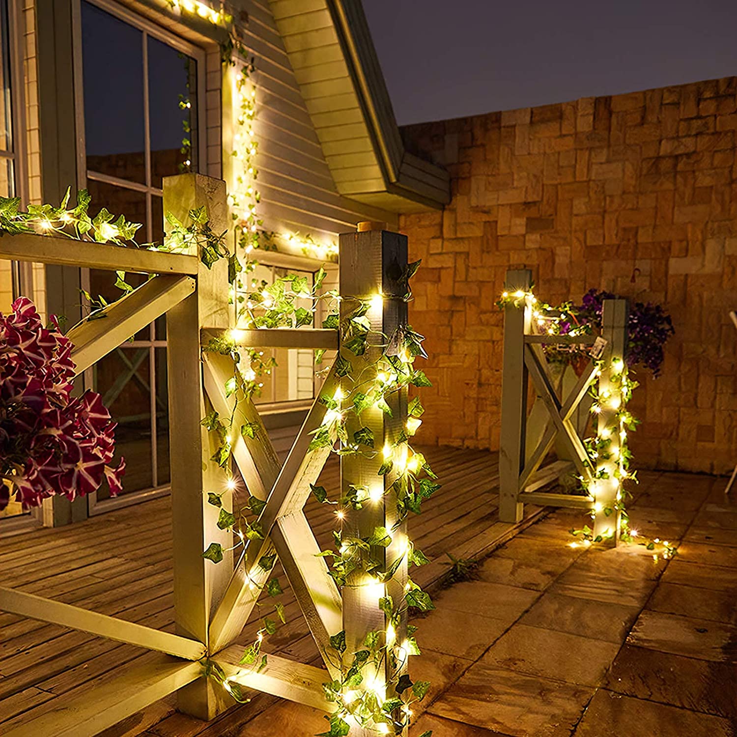 Solar-Powered Maple Leaves Garland LED String Light with warm white LEDs and soft silver wire, perfect for outdoor and indoor decoration.