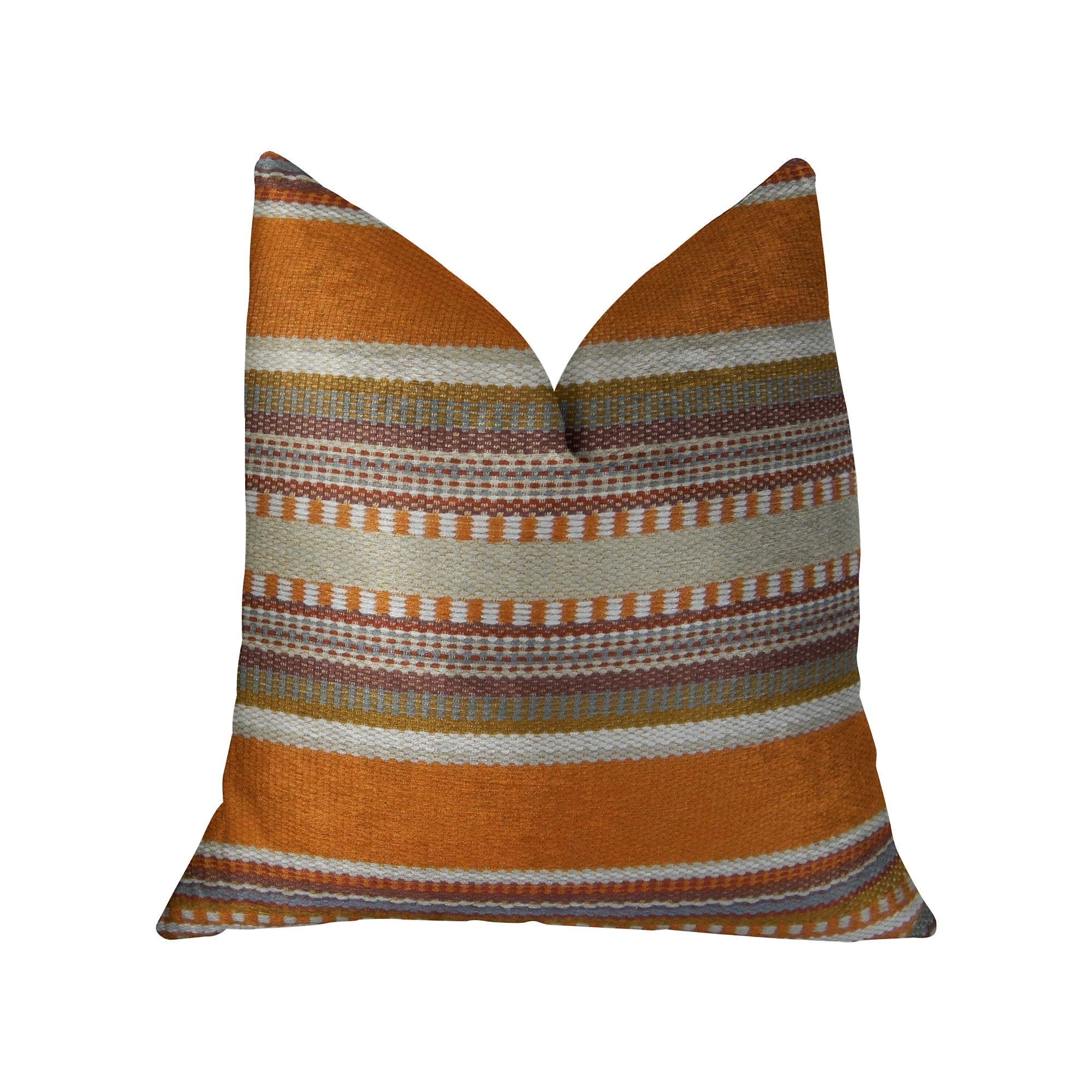 South Shore Amber Orange Olive and Cream Handmade Luxury Pillow featuring a striped pattern with vibrant colors, showcasing its double-sided design and invisible zipper.