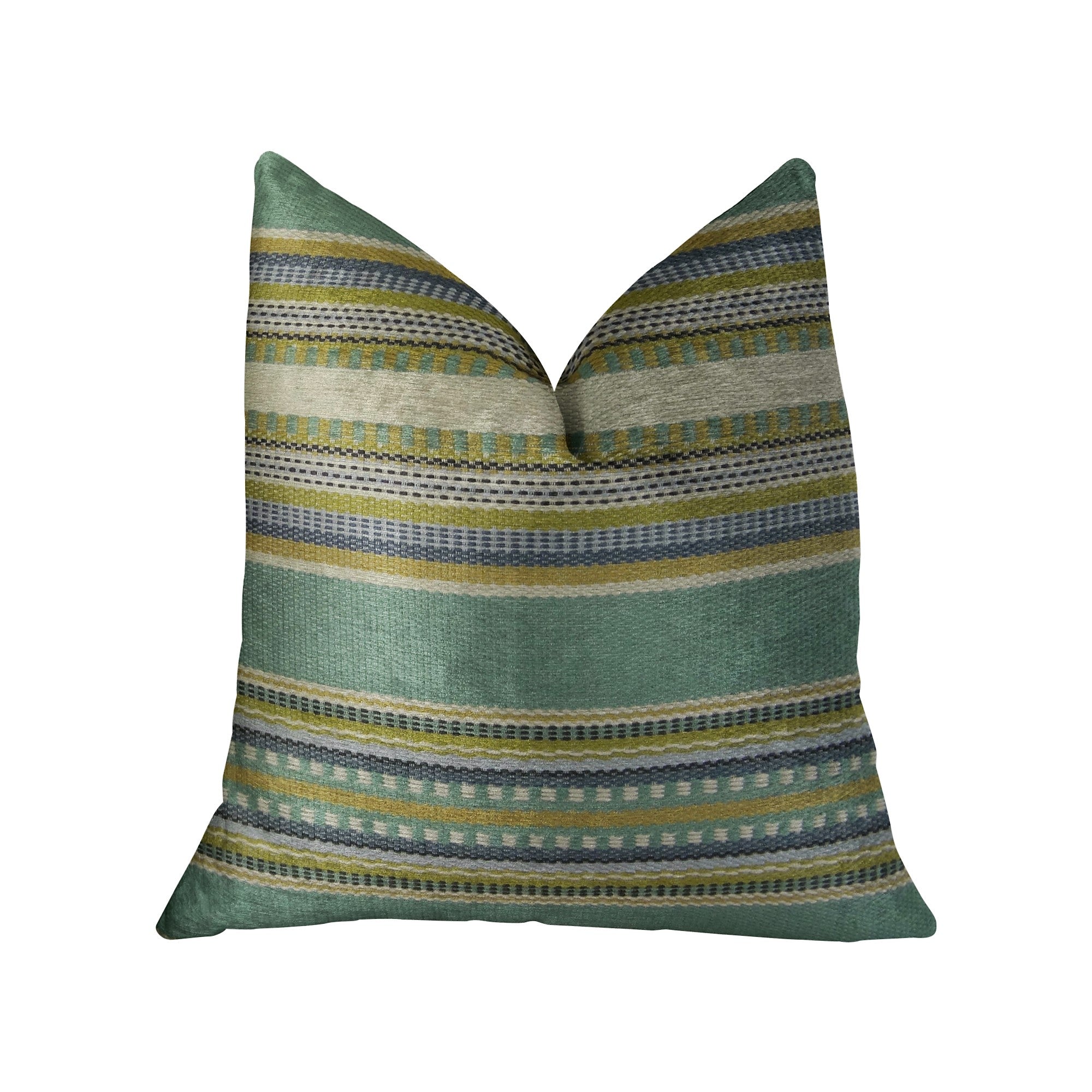 South Shore Jungle Light Blue Green and Cream Handmade Luxury Pillow featuring a chic striped design and invisible zipper enclosure.