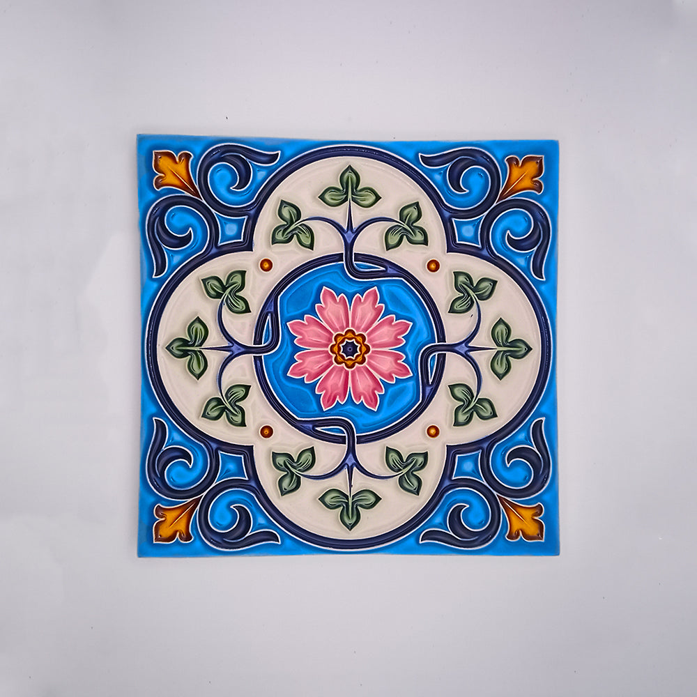 A collection of colorful handmade Spanish tiles showcasing intricate patterns and designs, perfect for bathroom decor.