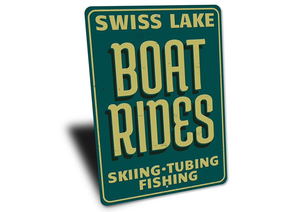 Customizable Speed Boat Rides sign made from durable aluminum, perfect for lakehouse decor.