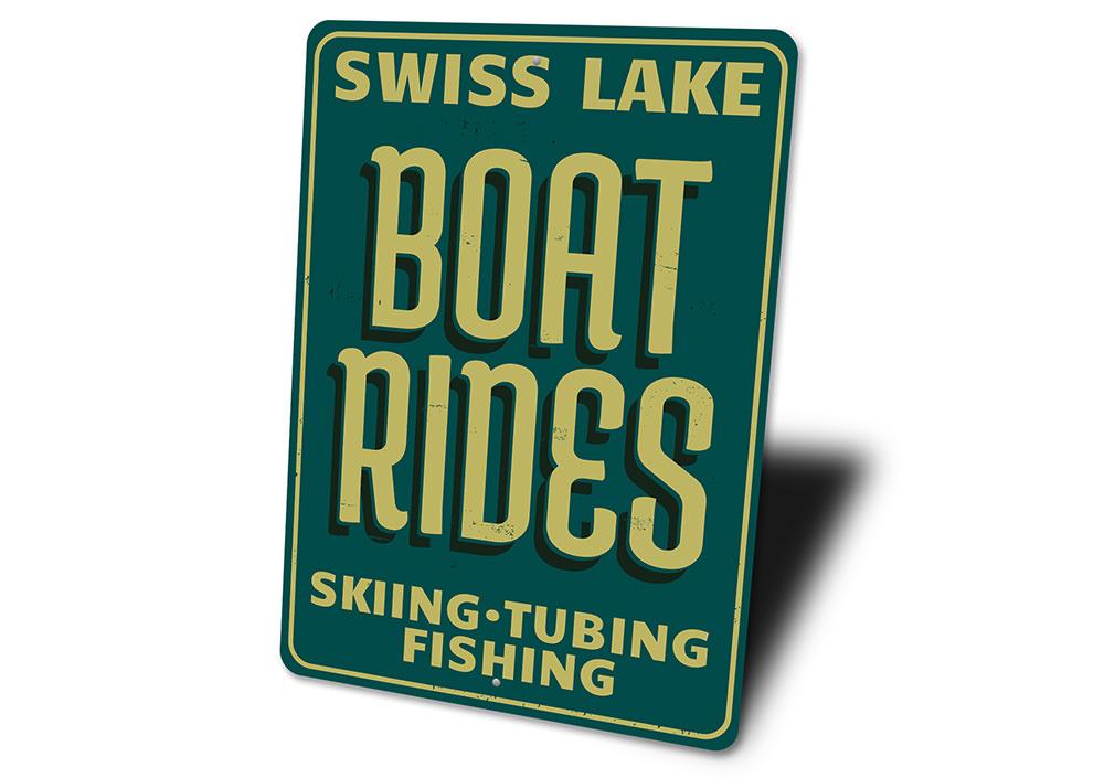 Customizable Speed Boat Rides sign made from durable aluminum, perfect for lakehouse decor.