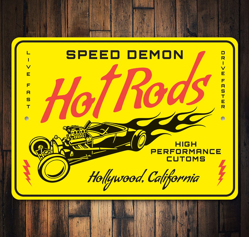 Speed Demon Hot Rods High Performance Customs Sign made of aluminum, featuring vibrant colors and customizable text options, perfect for car enthusiasts.