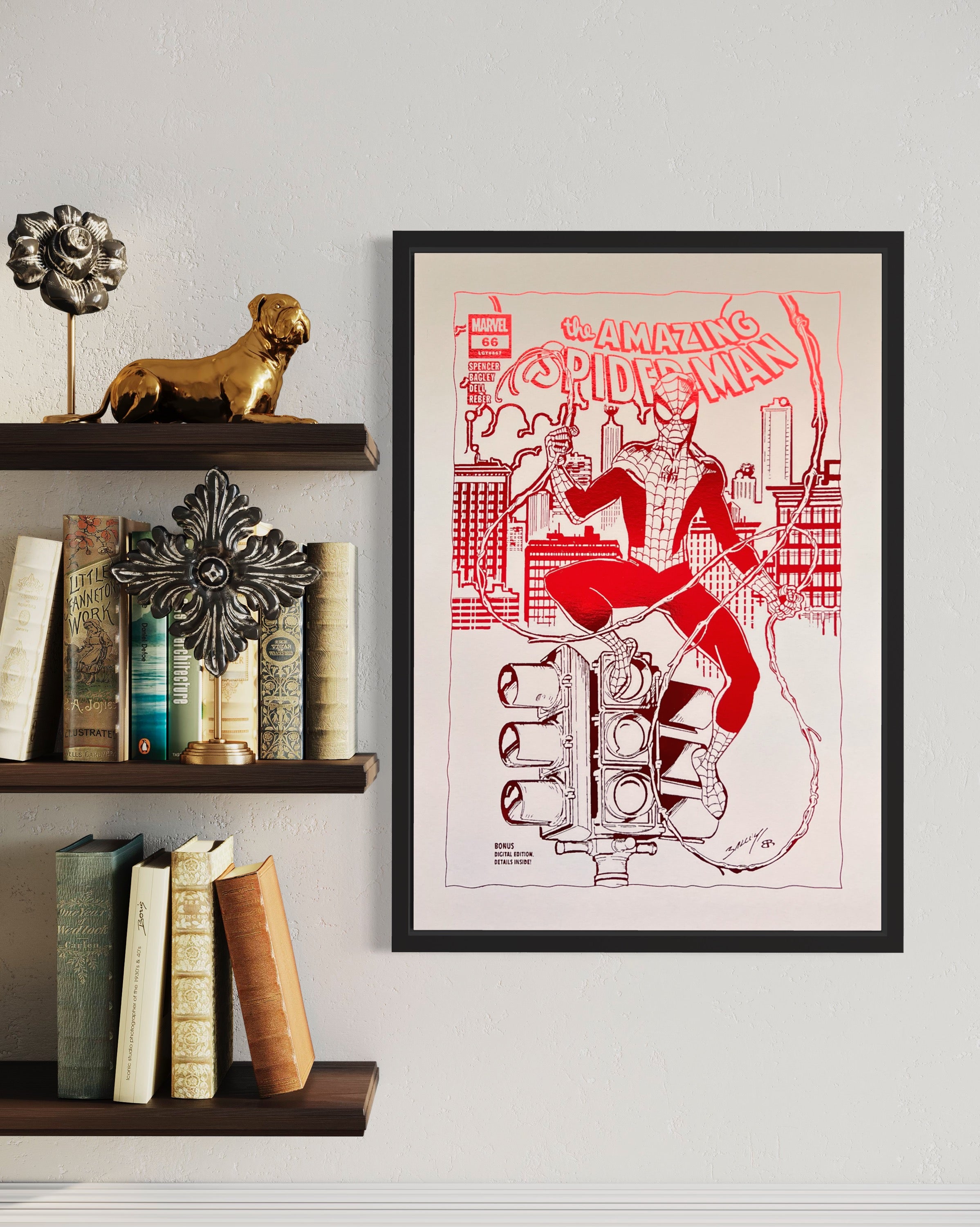 Spider-Man Comic Cover #66 Foil Print featuring Spidey atop traffic lights, showcasing vibrant colors and a shimmering foil finish.