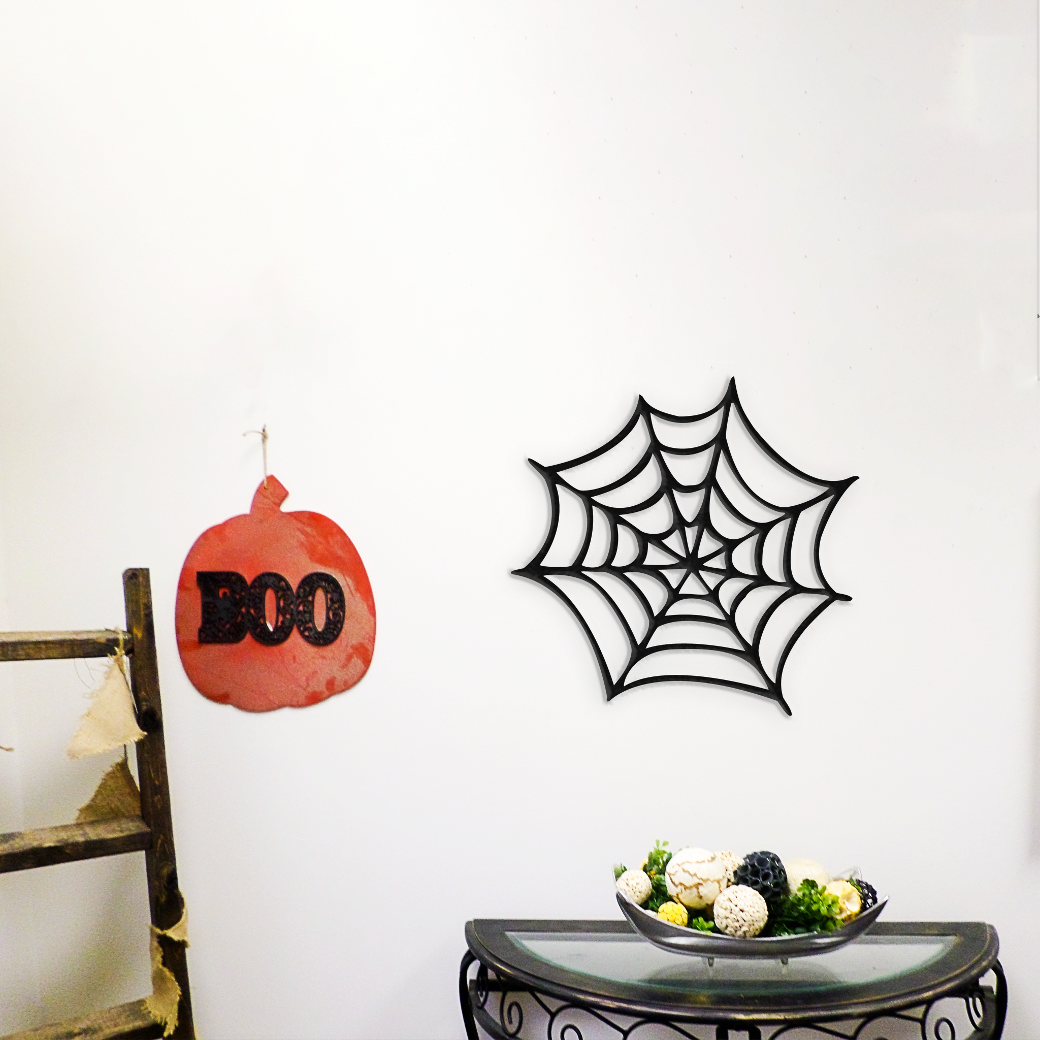 Intricate Spiderweb Metal Wall Art, perfect for Halloween decor, showcasing high-quality steel craftsmanship with a low gloss finish.