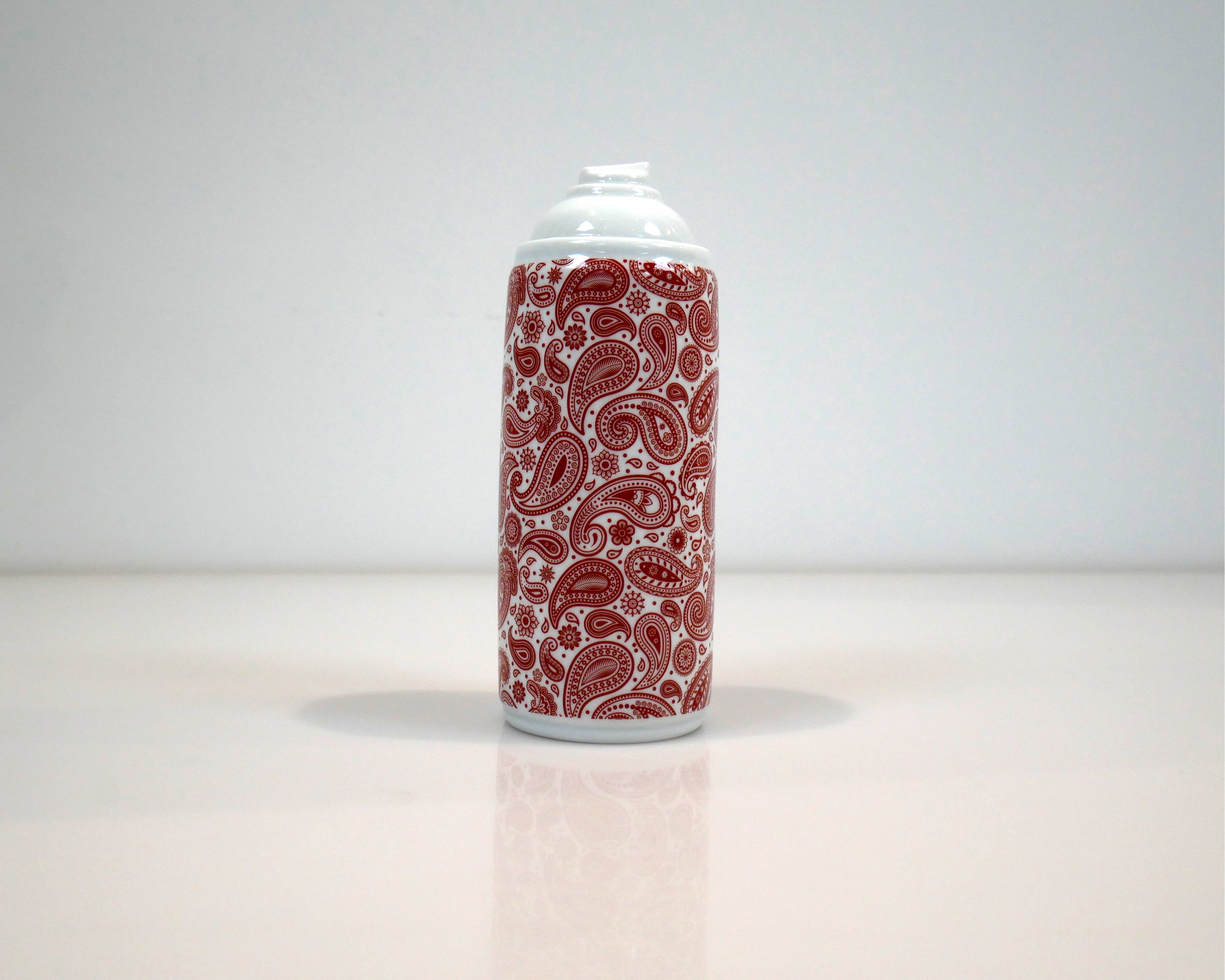 Spray Paint Cashmere Red Porcelain by NooN, showcasing vibrant red spray paint on elegant white porcelain, uniquely hand-decorated.