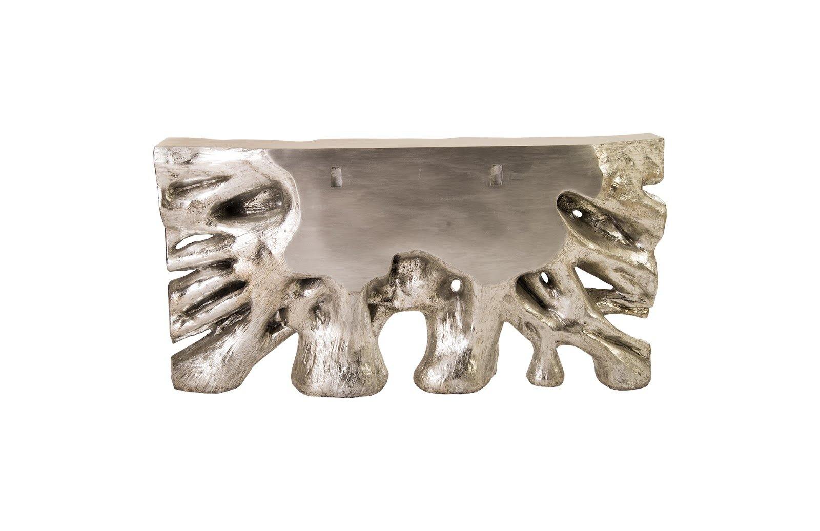 Square Root Console Table in Silver Leaf, showcasing its elegant design and shimmering finish.