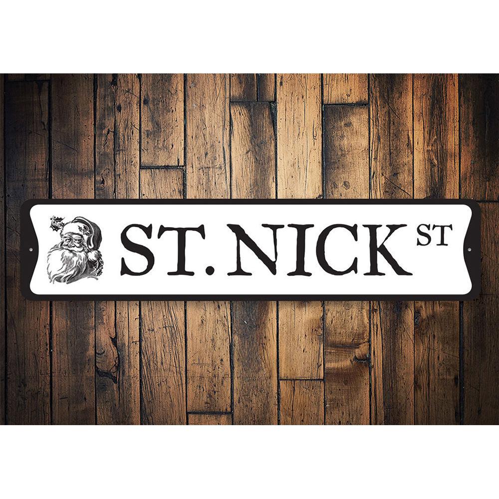 St. Nick Street Christmas Sign featuring festive design, made from high-quality aluminum, perfect for holiday decorations.