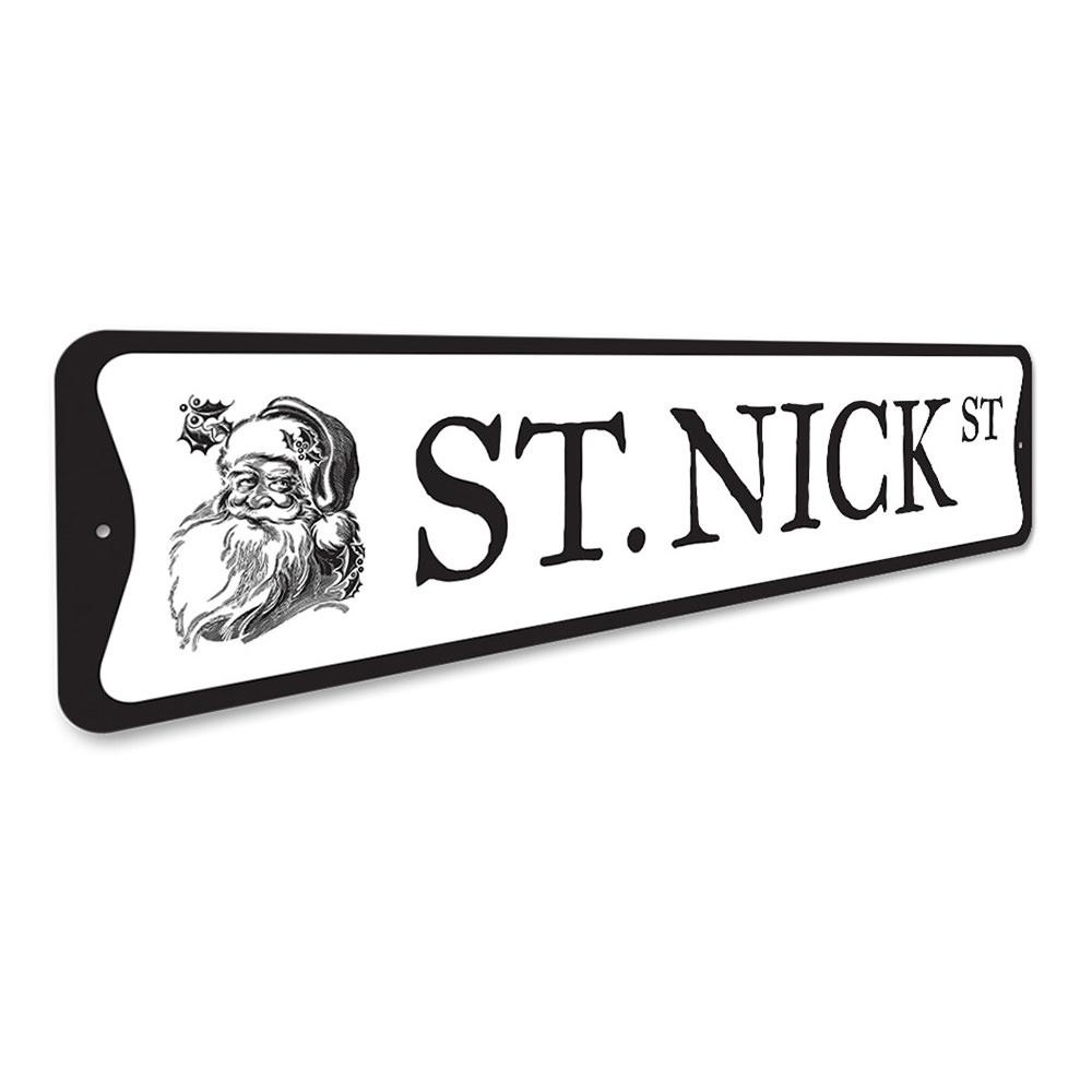 St. Nick Street Christmas Sign featuring festive design, made from high-quality aluminum, perfect for holiday decorations.