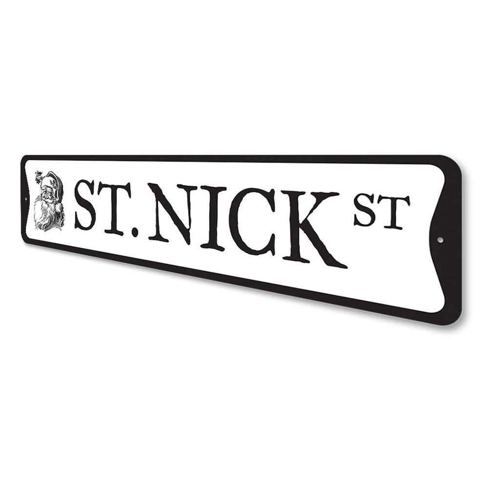 St. Nick Street Christmas Sign featuring festive design, made from high-quality aluminum, perfect for holiday decorations.