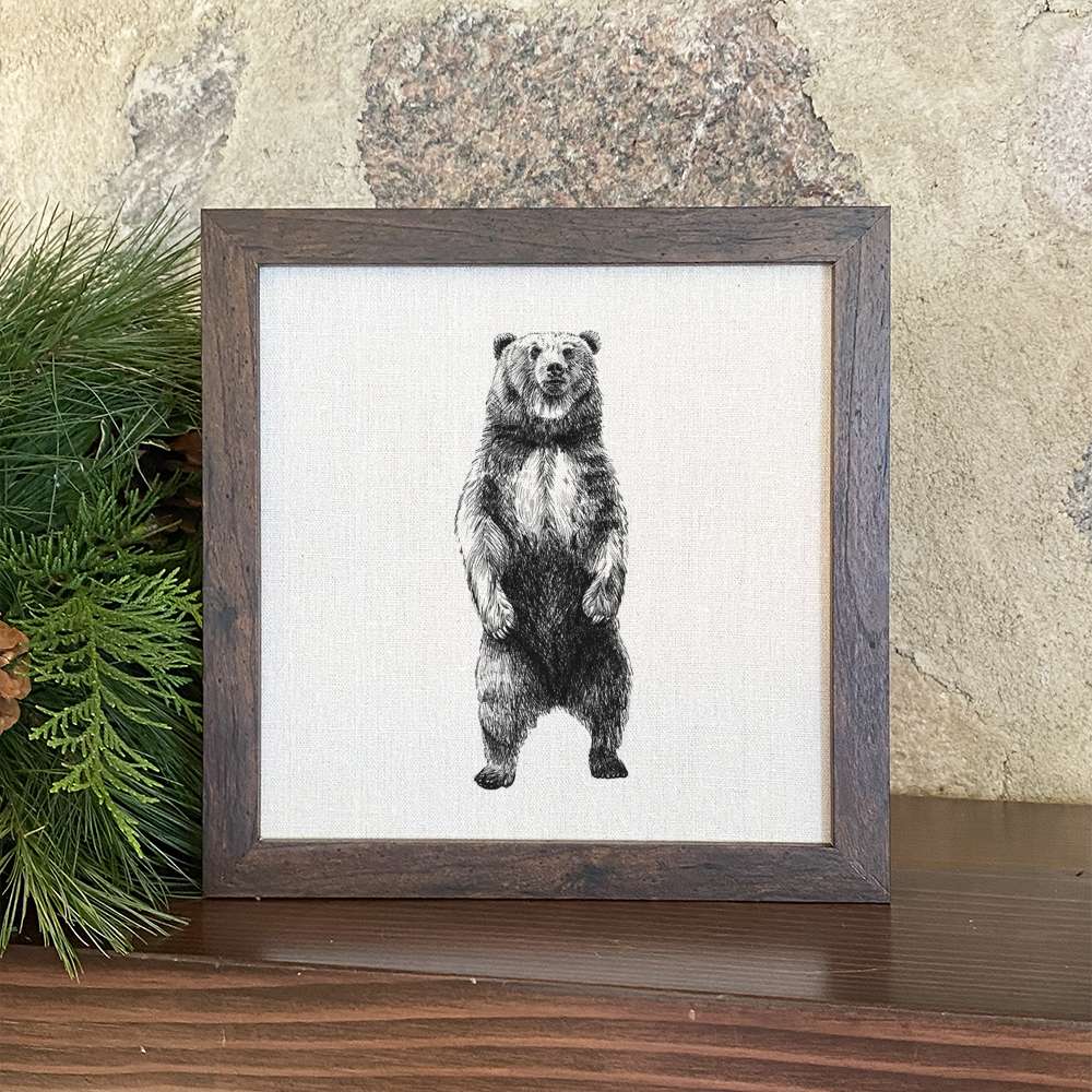 Framed Standing Bear Sketch sign with a wood frame and linen-look background, perfect for shelf or wall display.
