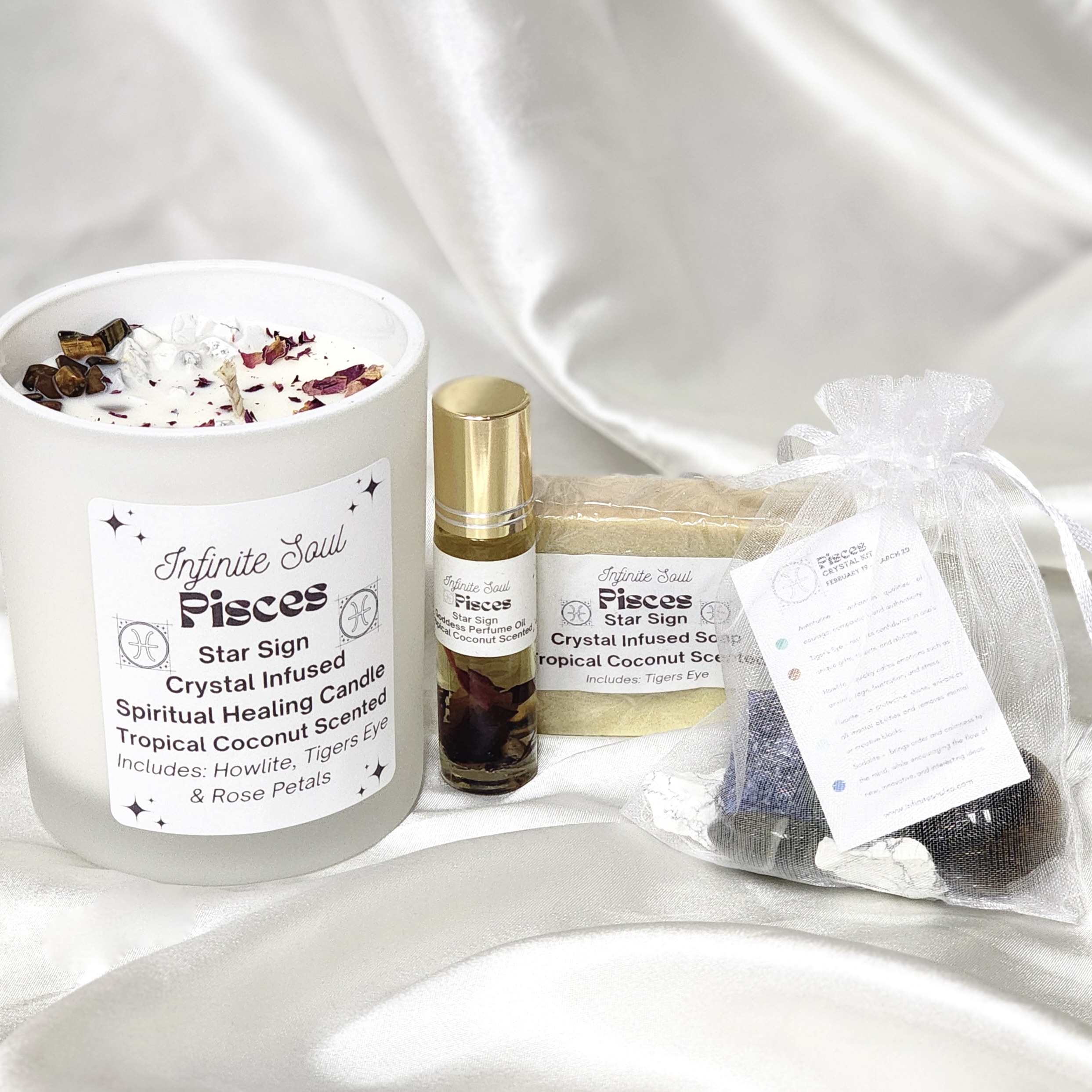 The Pisces Collection featuring a spiritual healing candle, necklace, earrings, and crystal healing kit, designed for Pisces individuals.