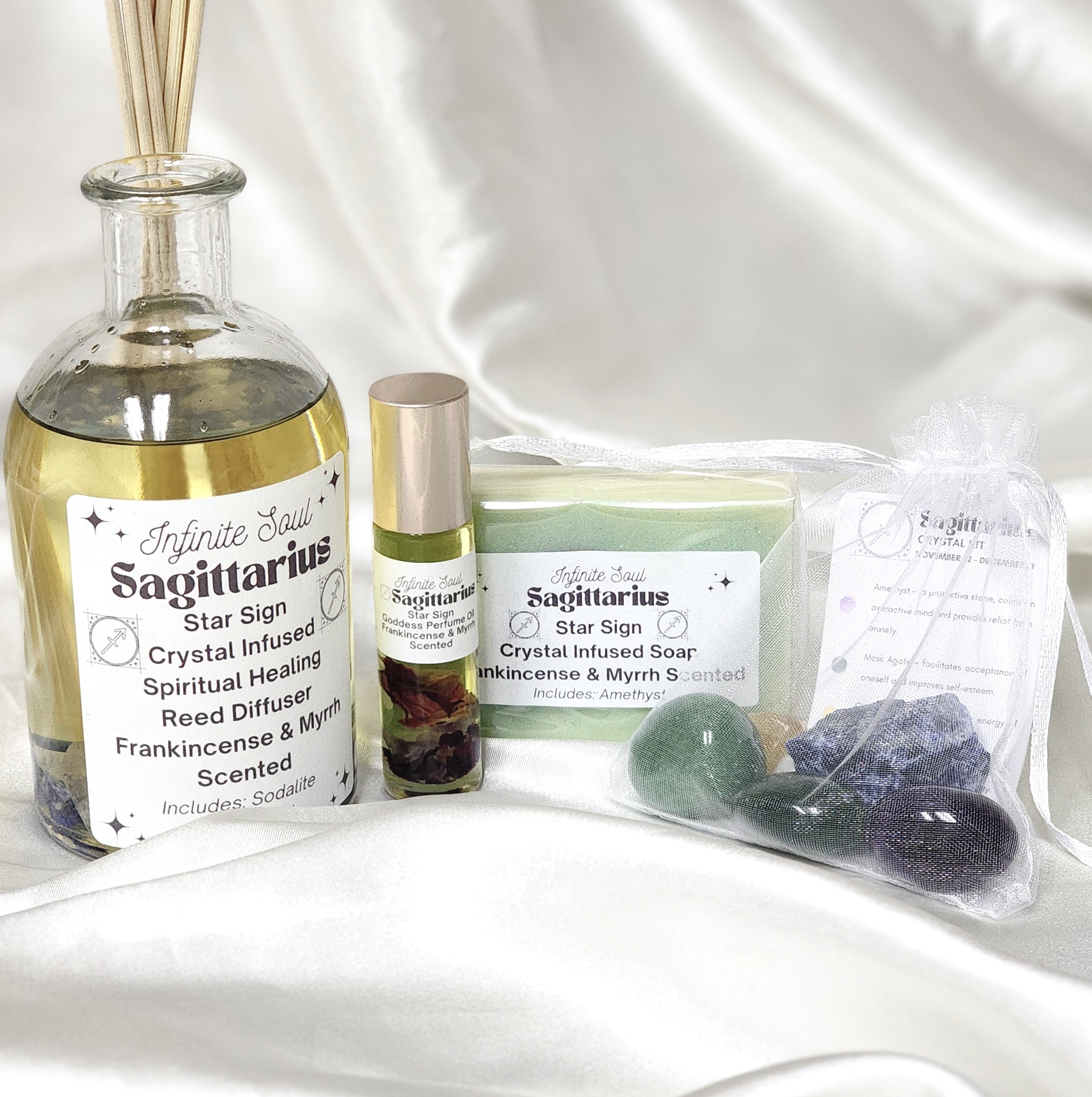 Star Sign Bundle featuring Sagittarius Collection with candle, jewelry, and crystal kit.