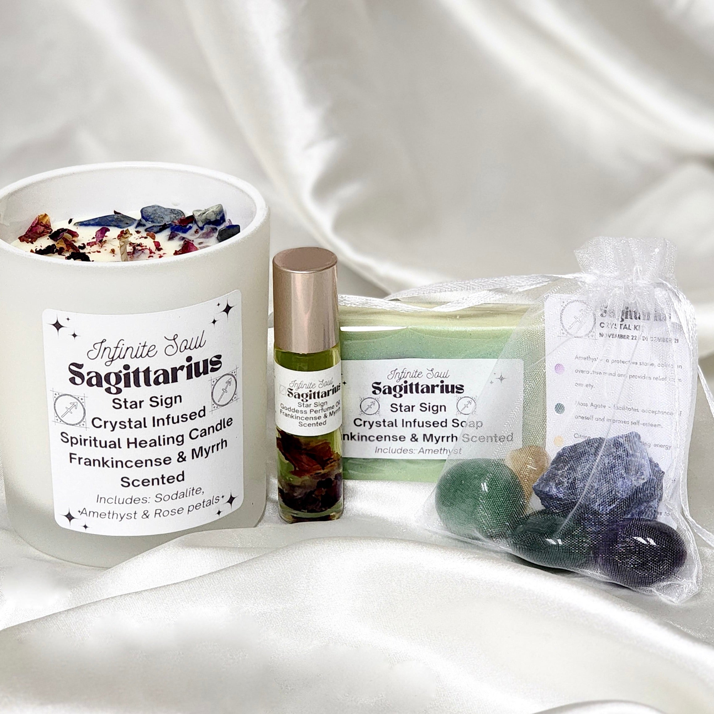 Star Sign Bundle featuring Sagittarius Collection with candle, jewelry, and crystal kit.